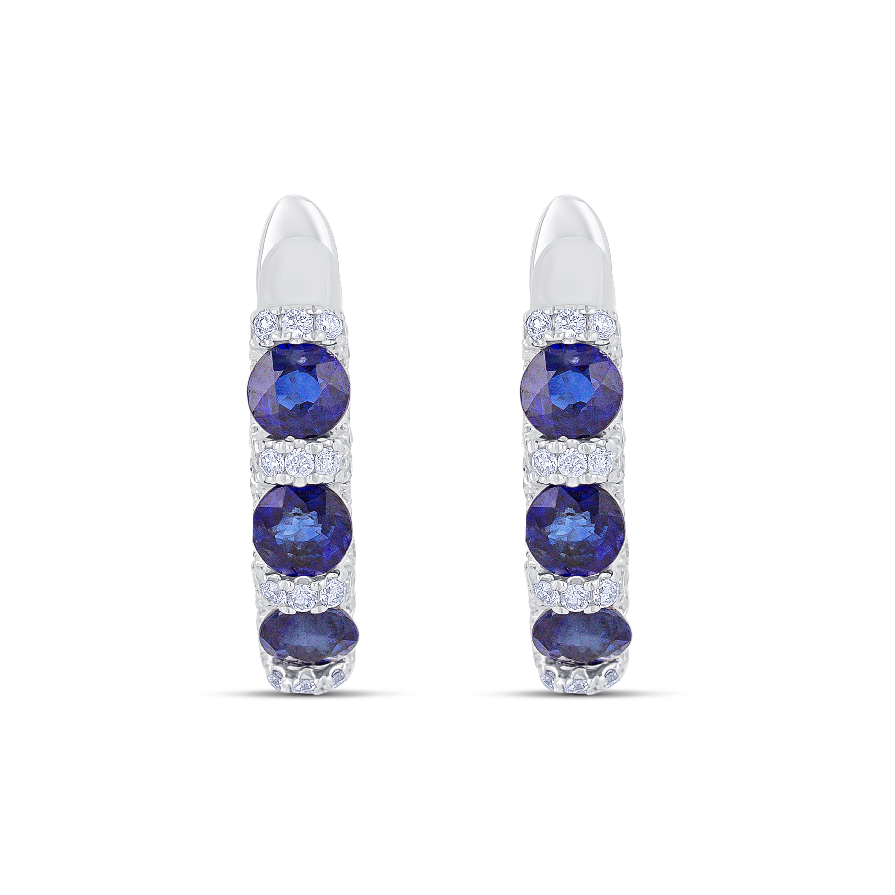 18K White Gold Round Cut Sapphire and Round Cut Diamonds Huggie Earrings