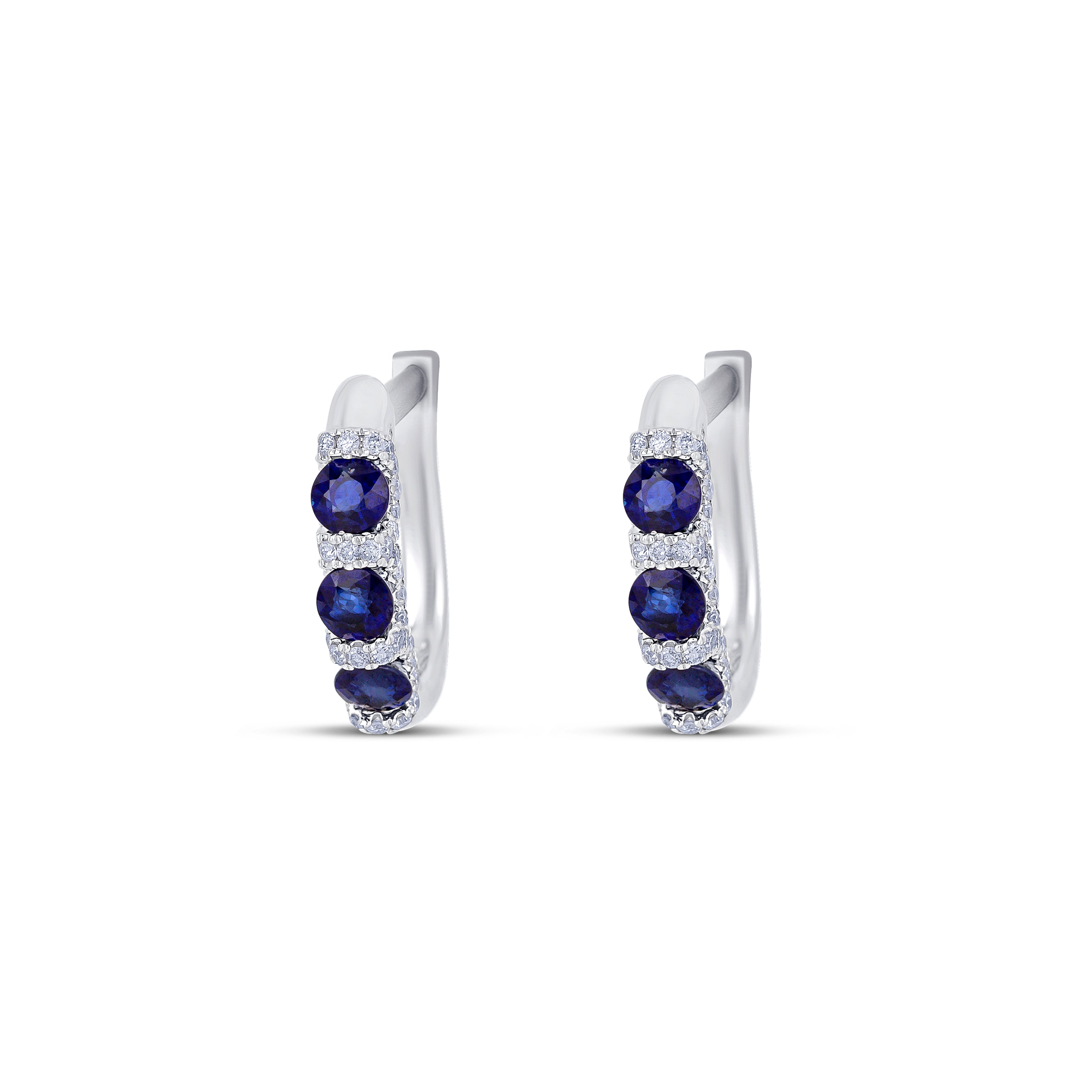 18K White Gold Round Cut Sapphire and Round Cut Diamonds Huggie Earrings