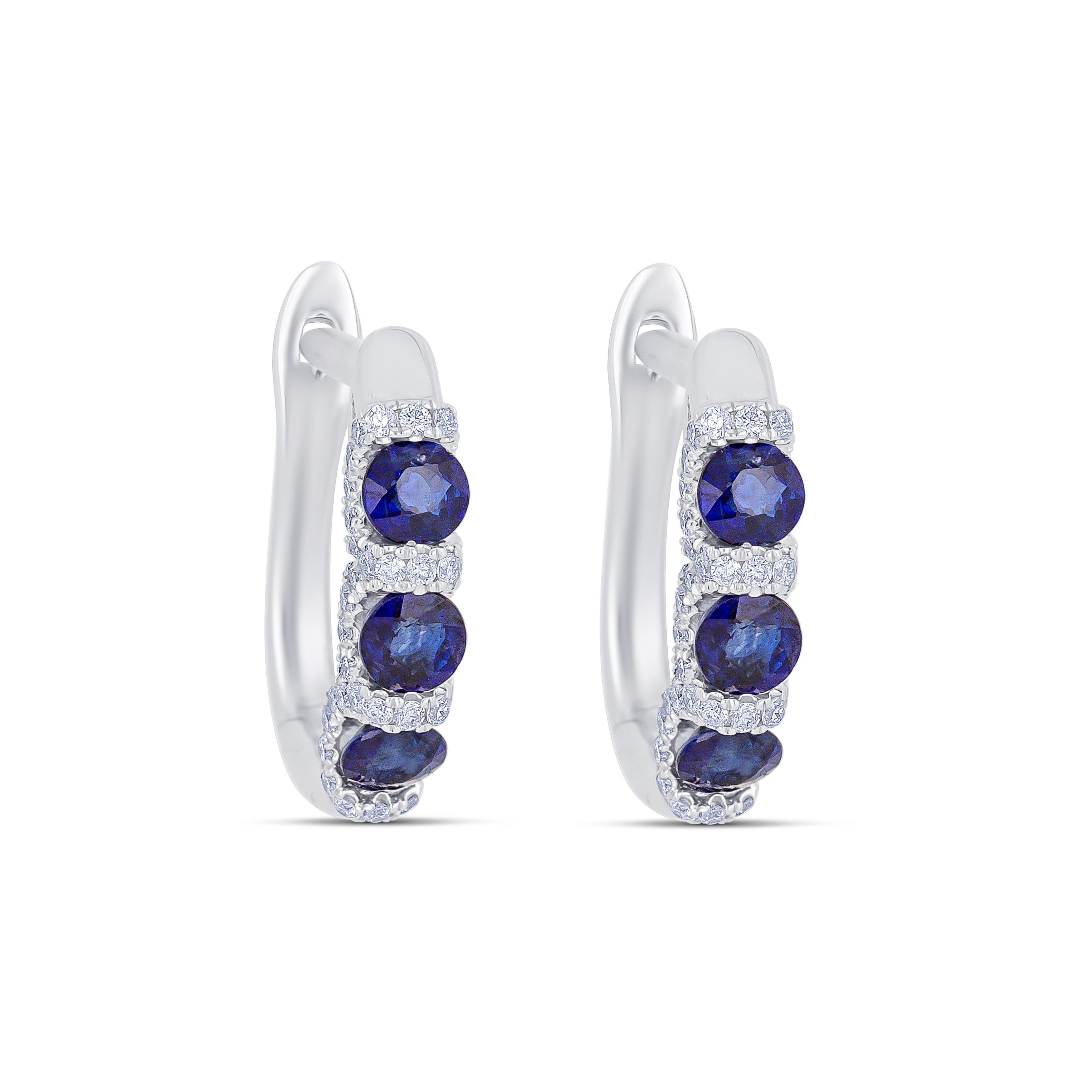 18K White Gold Round Cut Sapphire and Round Cut Diamonds Huggie Earrings