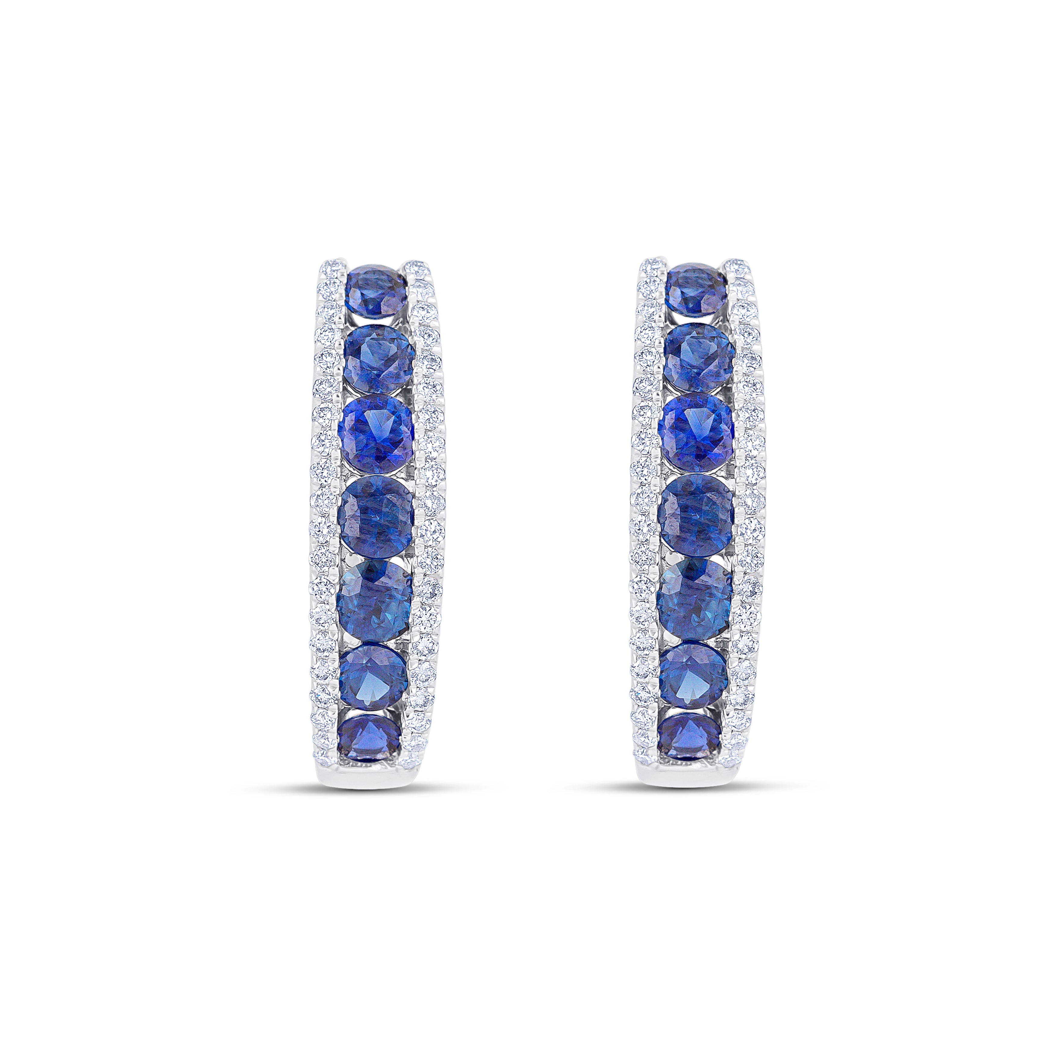 18K White Gold Round Cut Sapphire and Round Cut Diamond Double Row Huggie Earrings