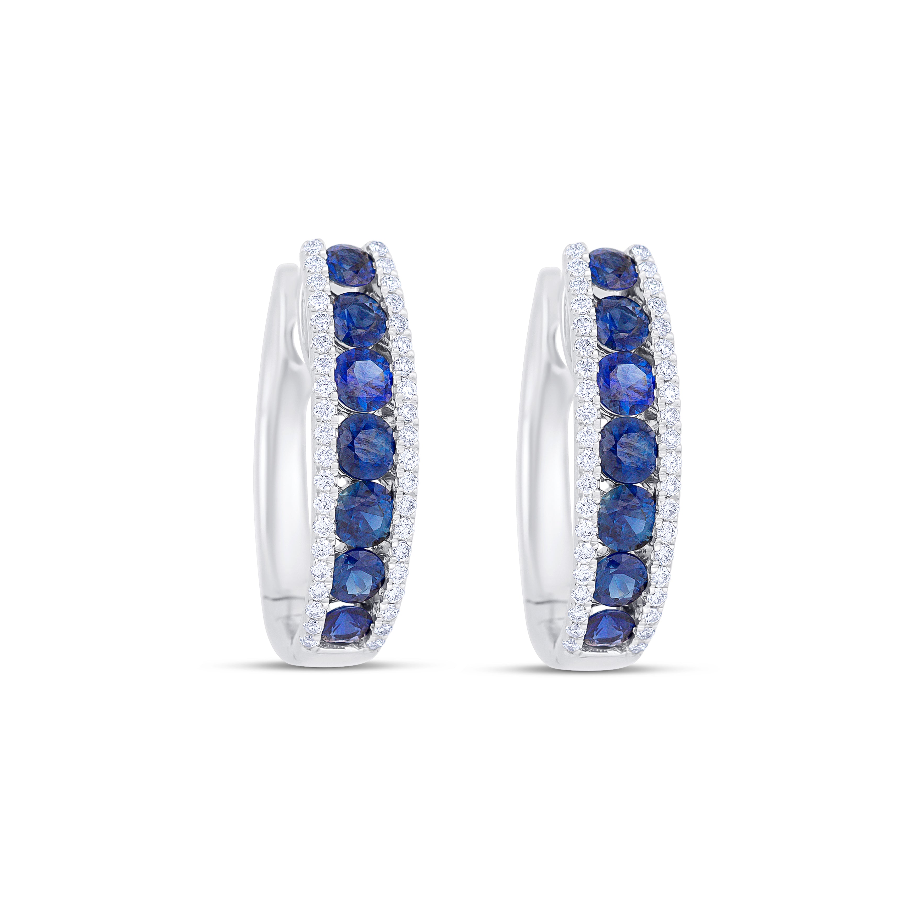 18K White Gold Round Cut Sapphire and Round Cut Diamond Double Row Huggie Earrings