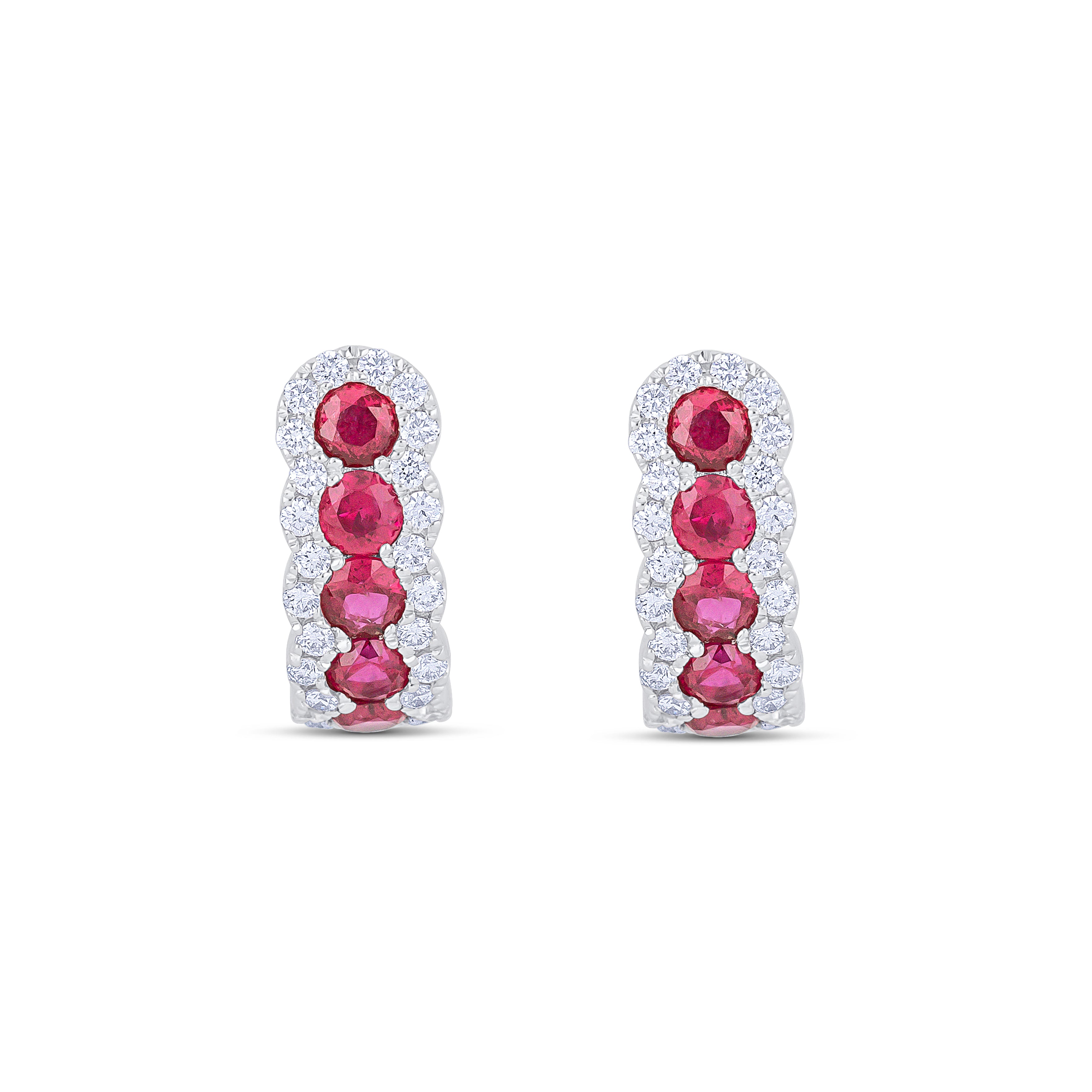 18K White Gold Round Cut Ruby and Round Cut Diamonds Huggie Earrings