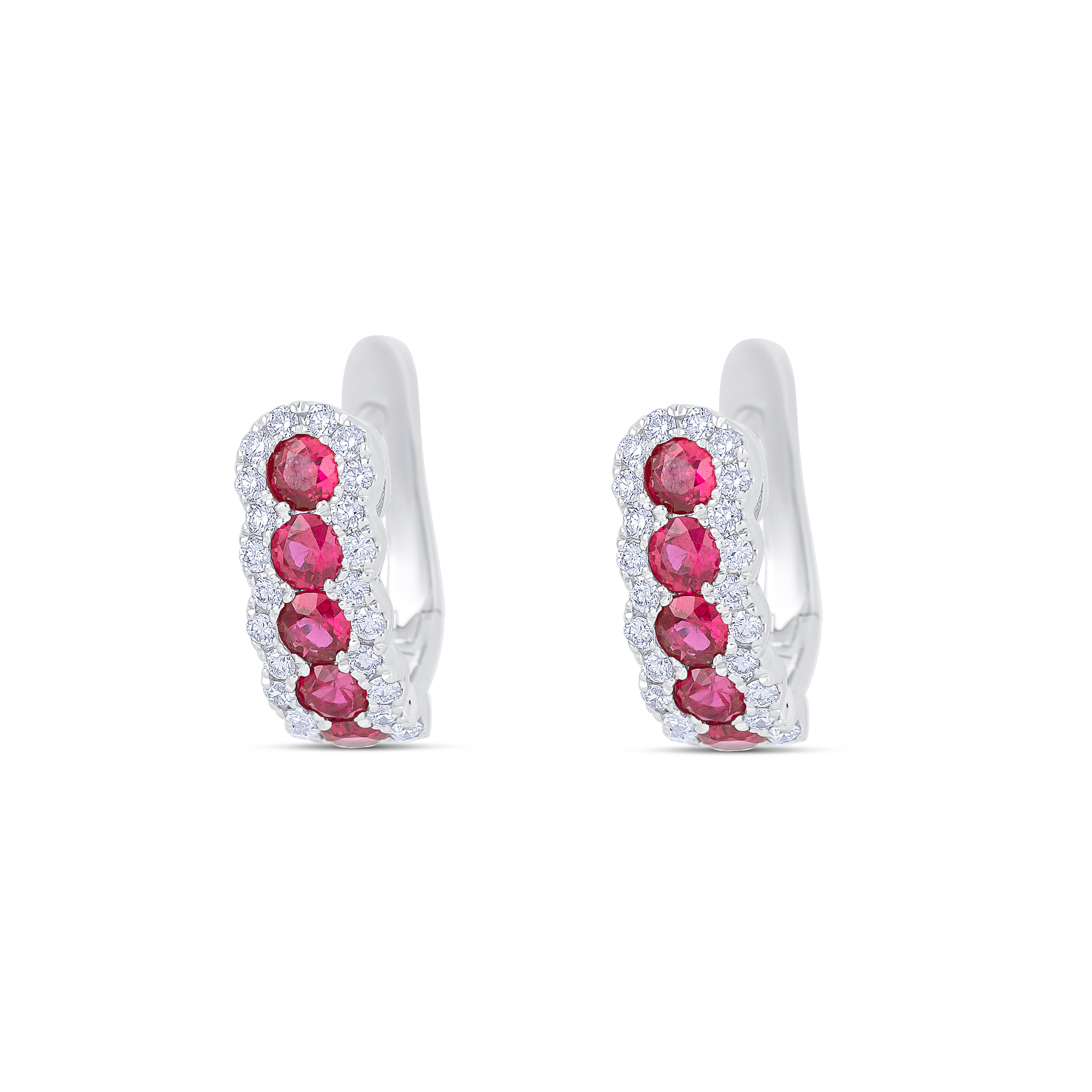 18K White Gold Round Cut Ruby and Round Cut Diamonds Huggie Earrings