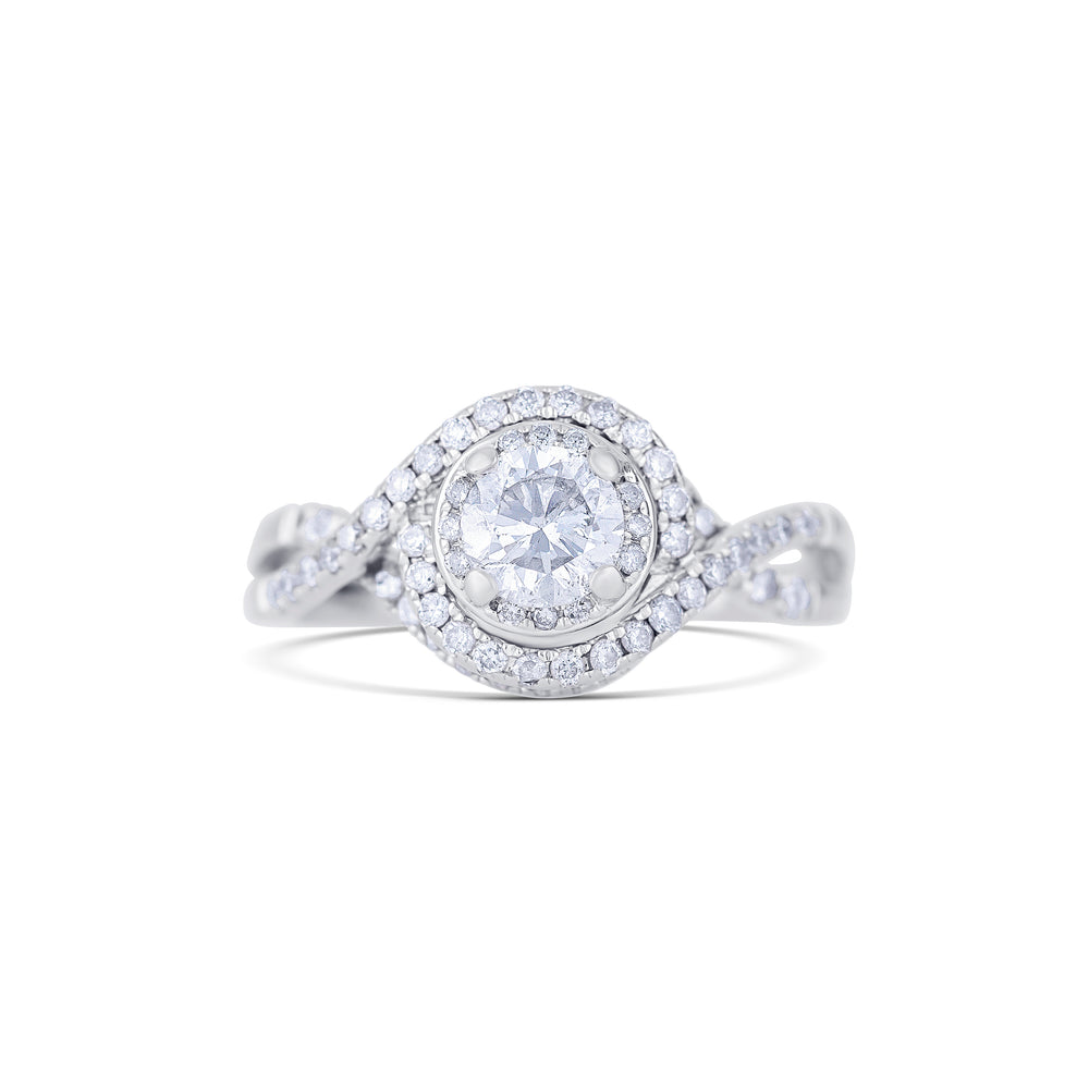 14K White Gold Round Center Diamond with Halo Engagement Ring