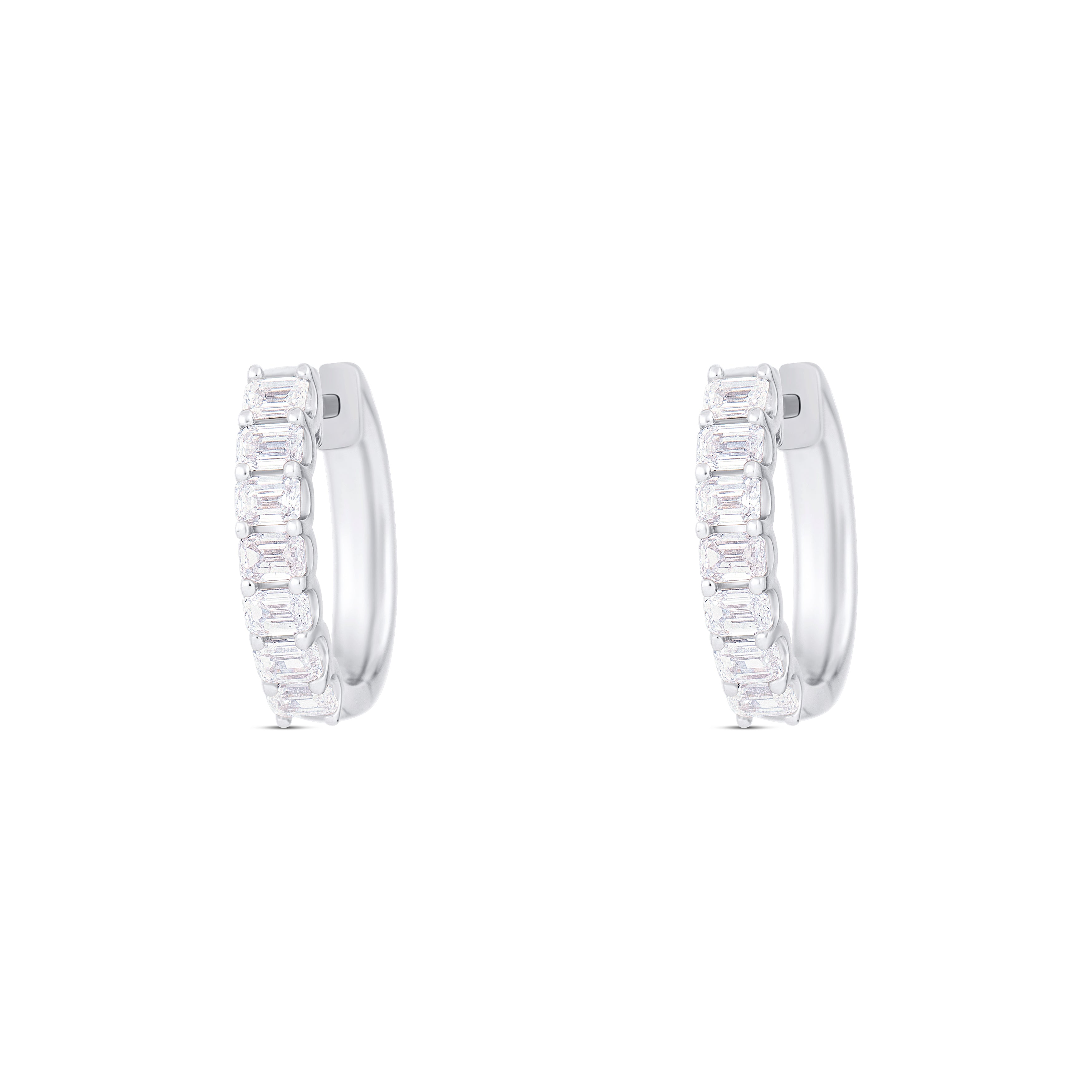 18K White Gold Emerald and Emerald Cut Diamond Hoop Earrings