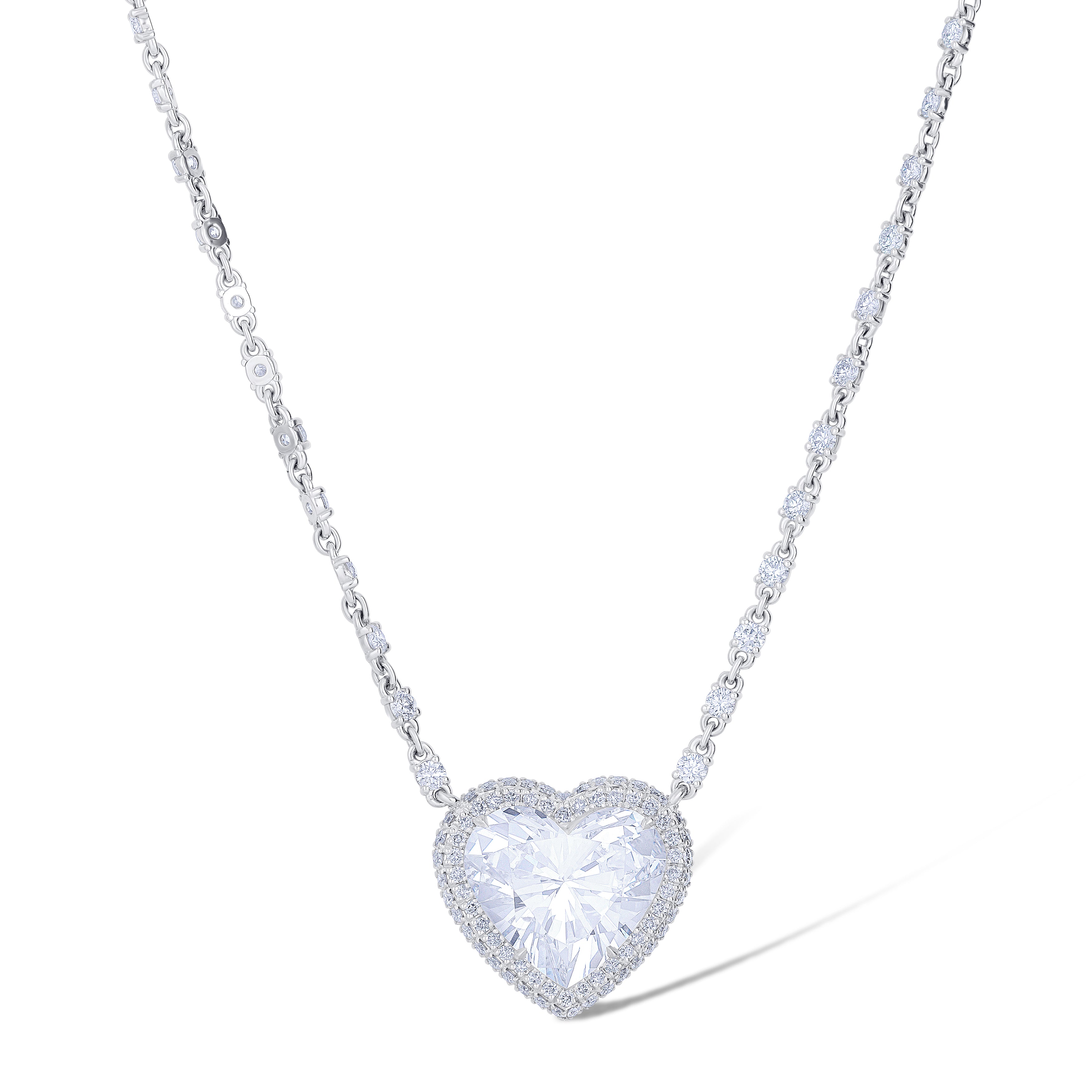Platinum Heart Cut Diamond with Pavé Diamonds Pendant on a Diamond Chain Necklace