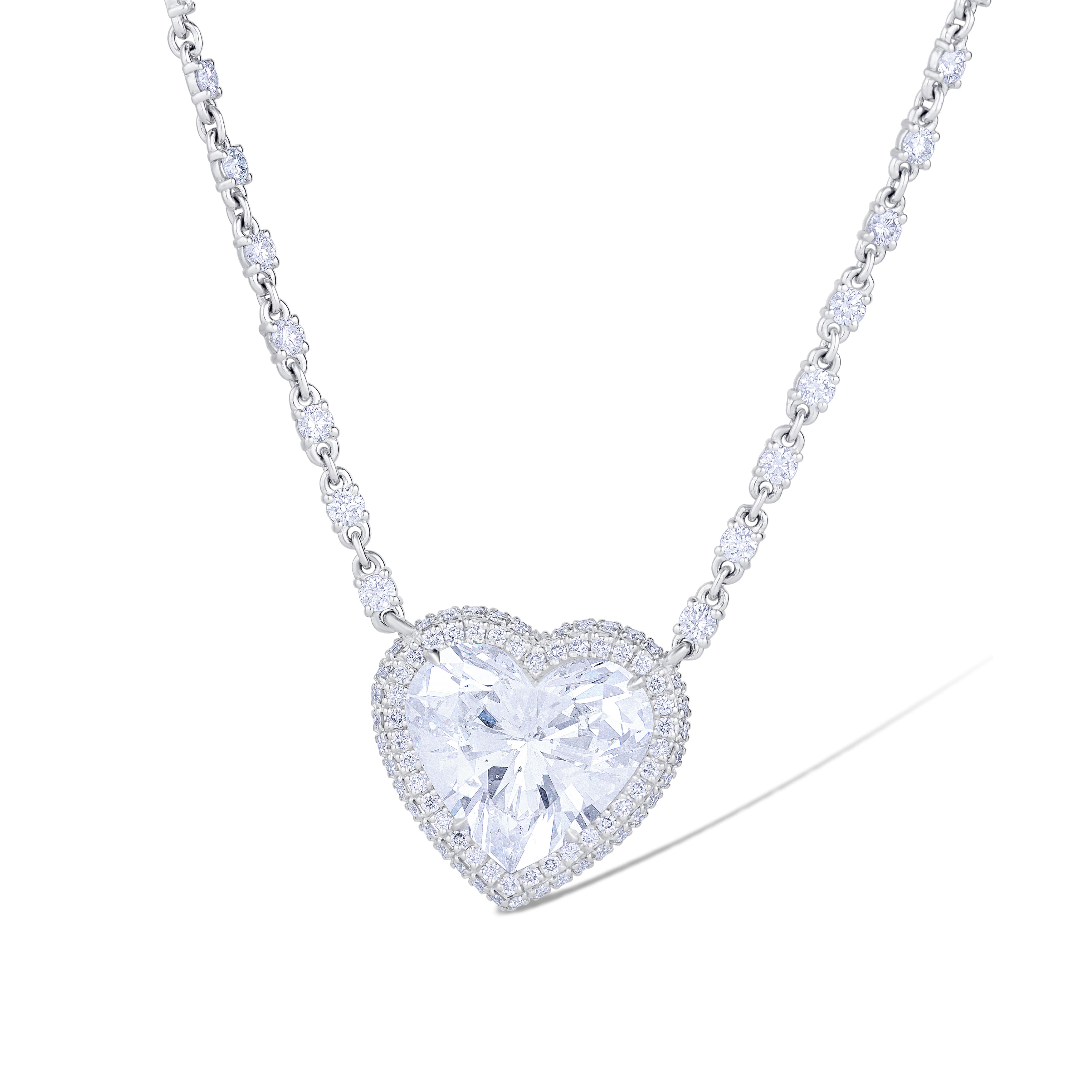 Platinum Heart Cut Diamond with Pavé Diamonds Pendant on a Diamond Chain Necklace
