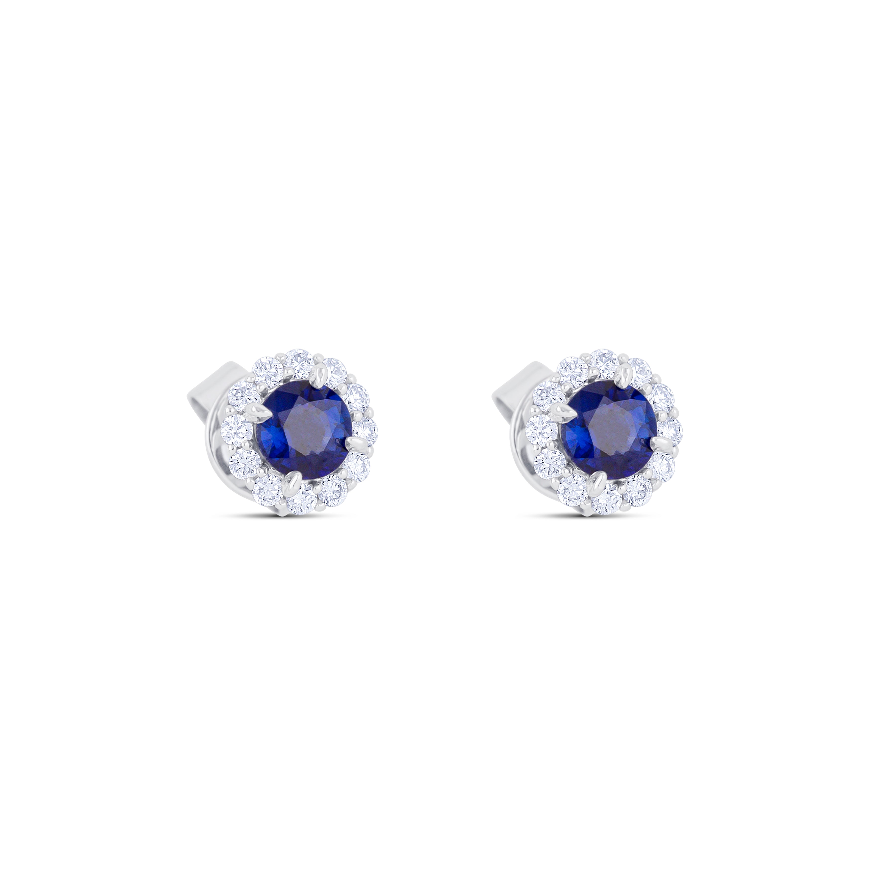 18K White Gold Round Cut Sapphire and Round Cut Diamond Halo Stud Earrings