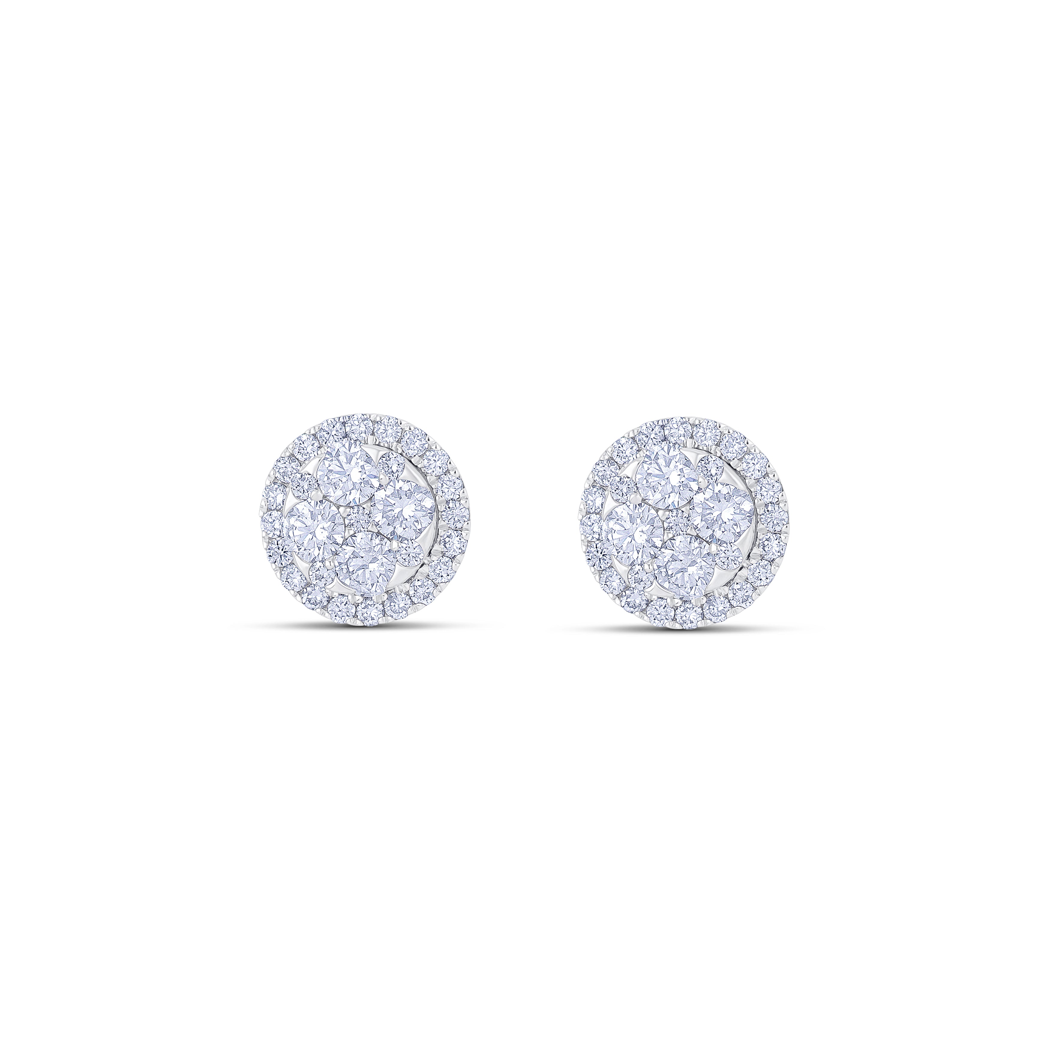 18K White Gold Round Cut Diamond and Round Cut Diamond Halo Stud Earrings