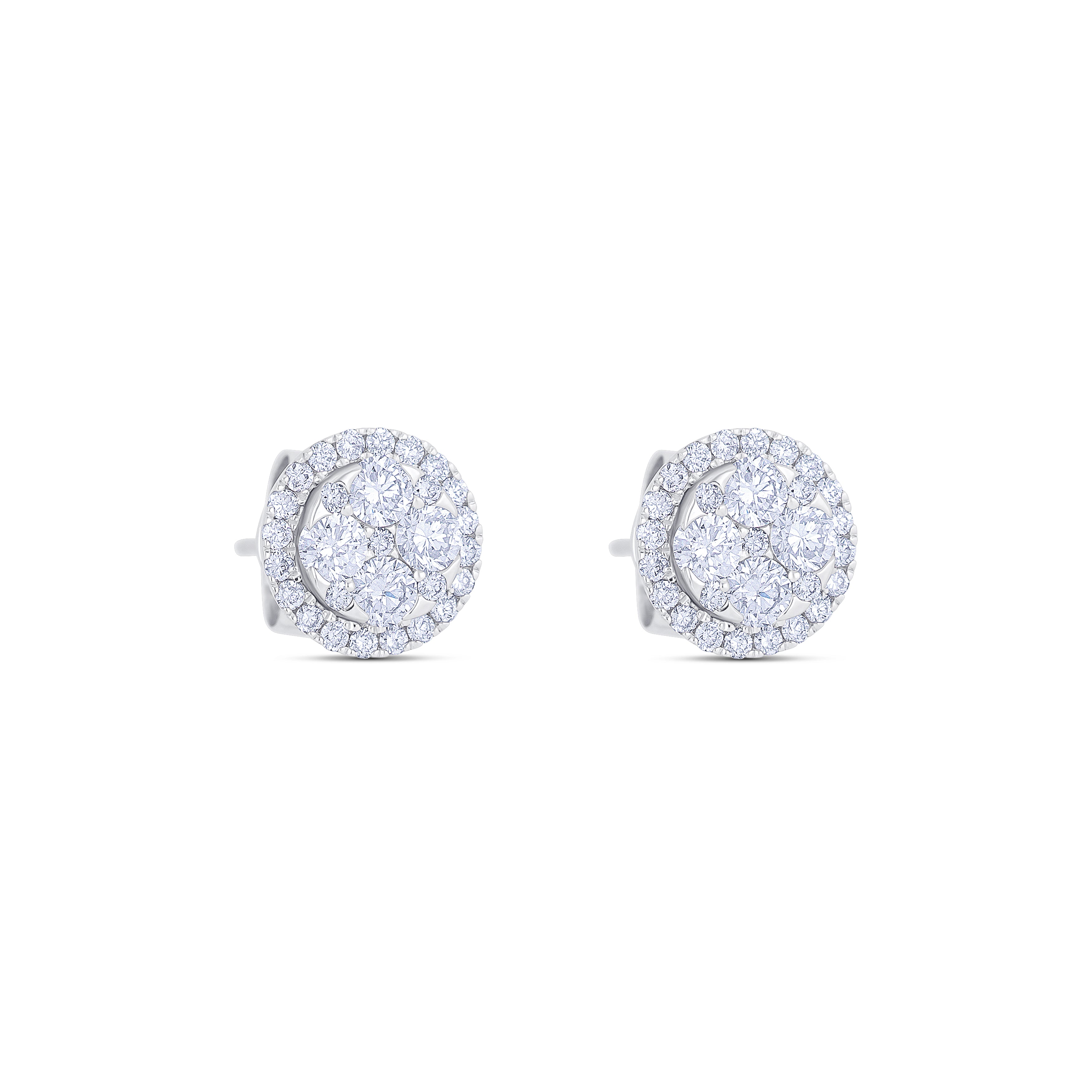 18K White Gold Round Cut Diamond and Round Cut Diamond Halo Stud Earrings