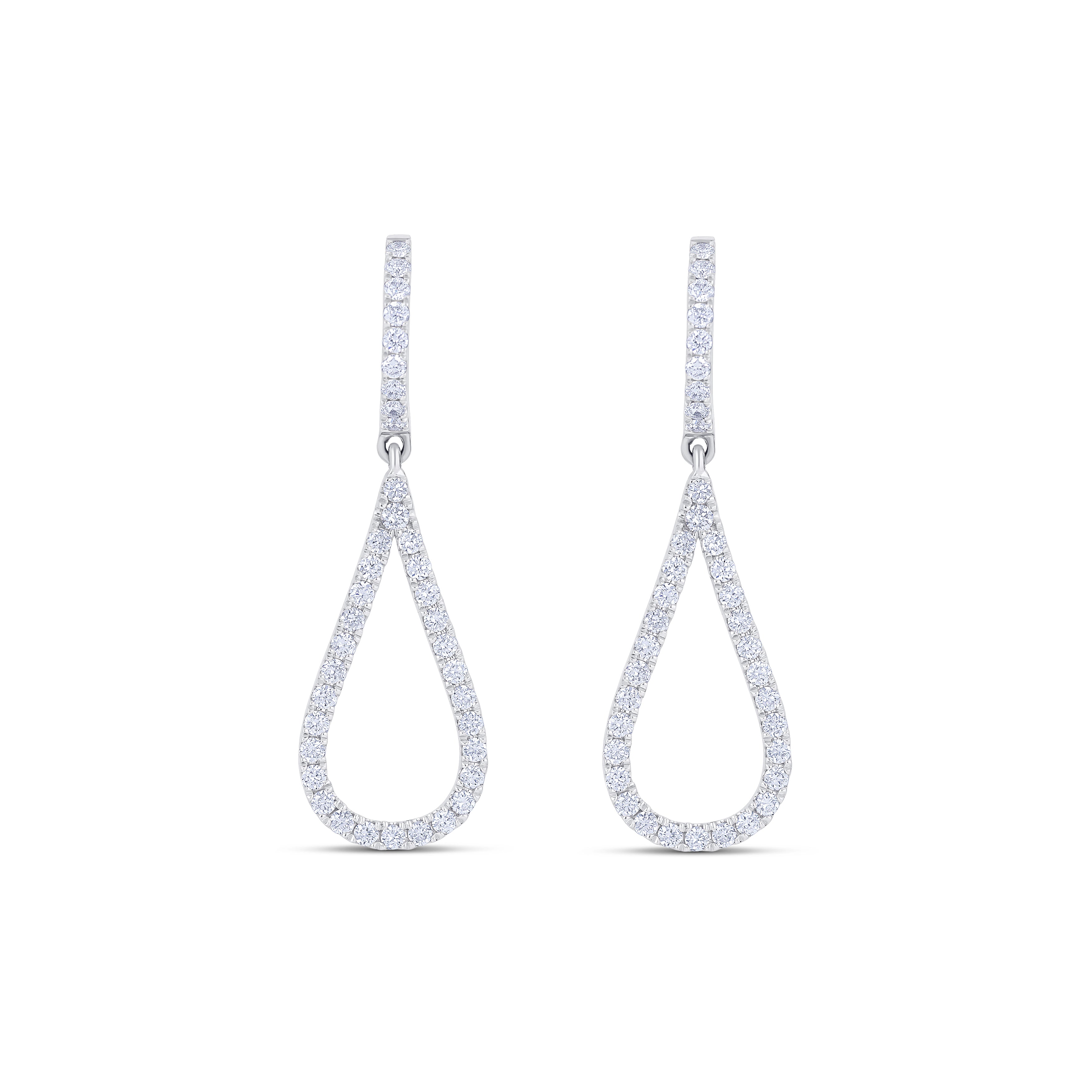 18K White Gold Round Diamond Open Tear Drop Shaped Dangle Earrings
