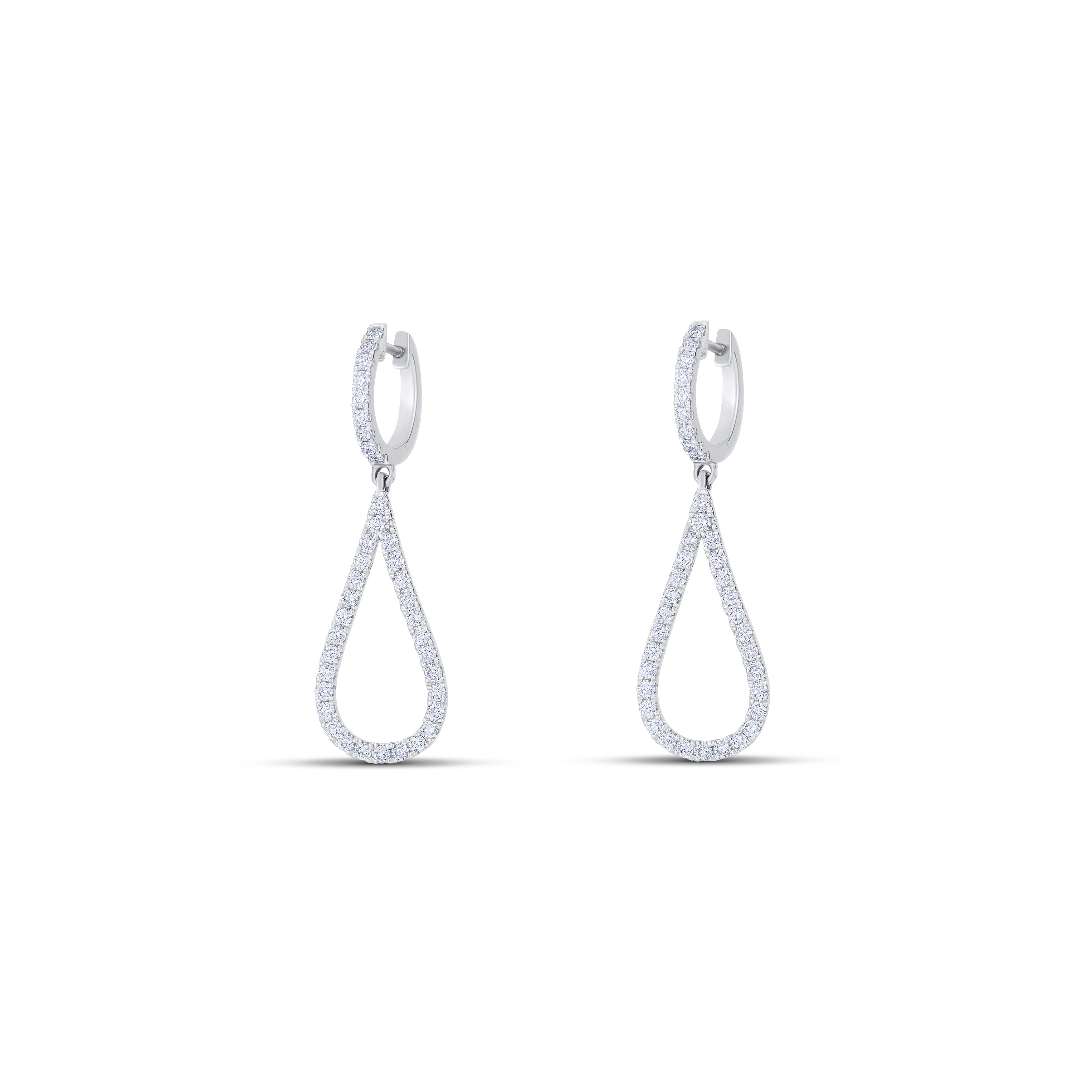 18K White Gold Round Diamond Open Tear Drop Shaped Dangle Earrings