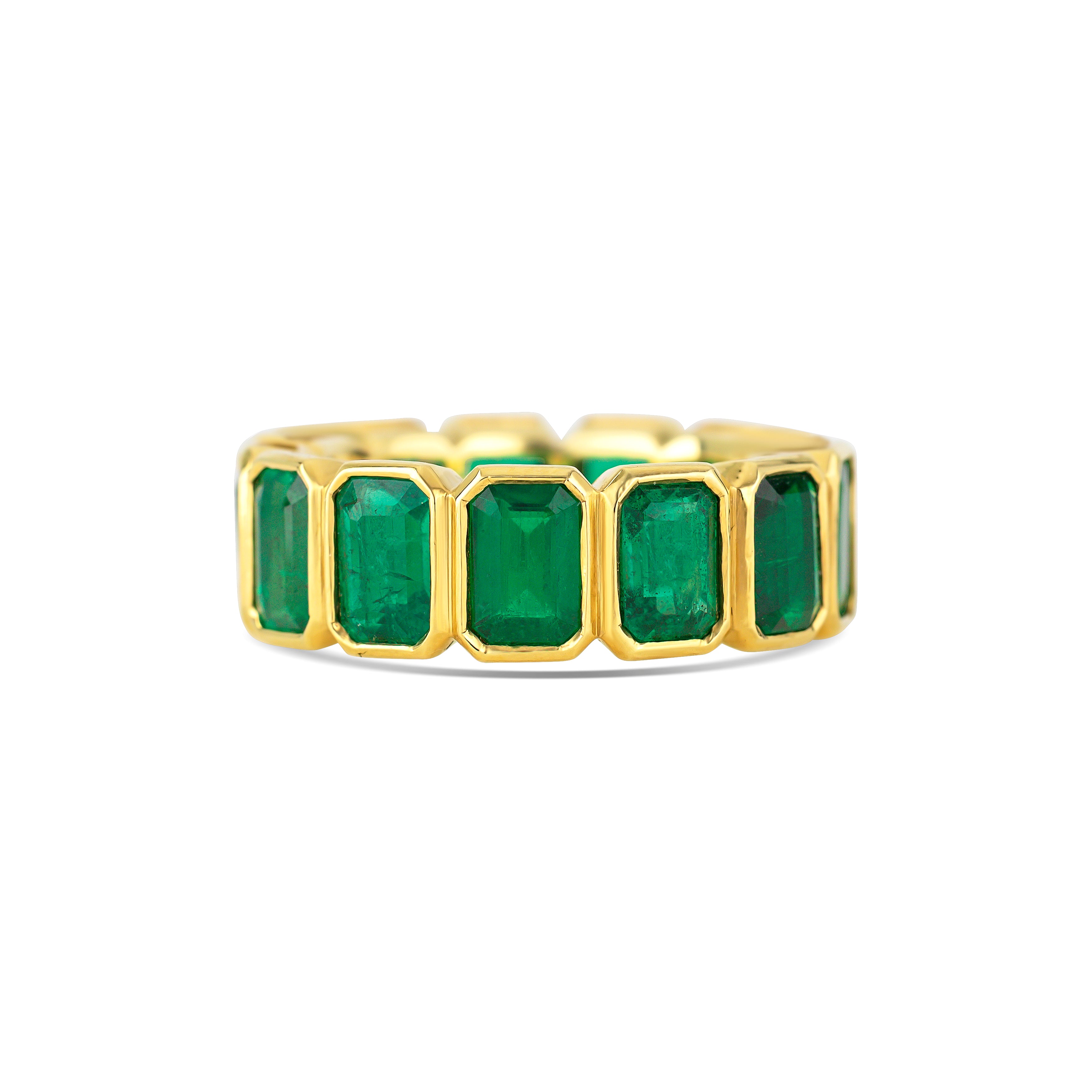 18K Yellow Gold Emerald Cut Emerald Bezel Set Eternity Band