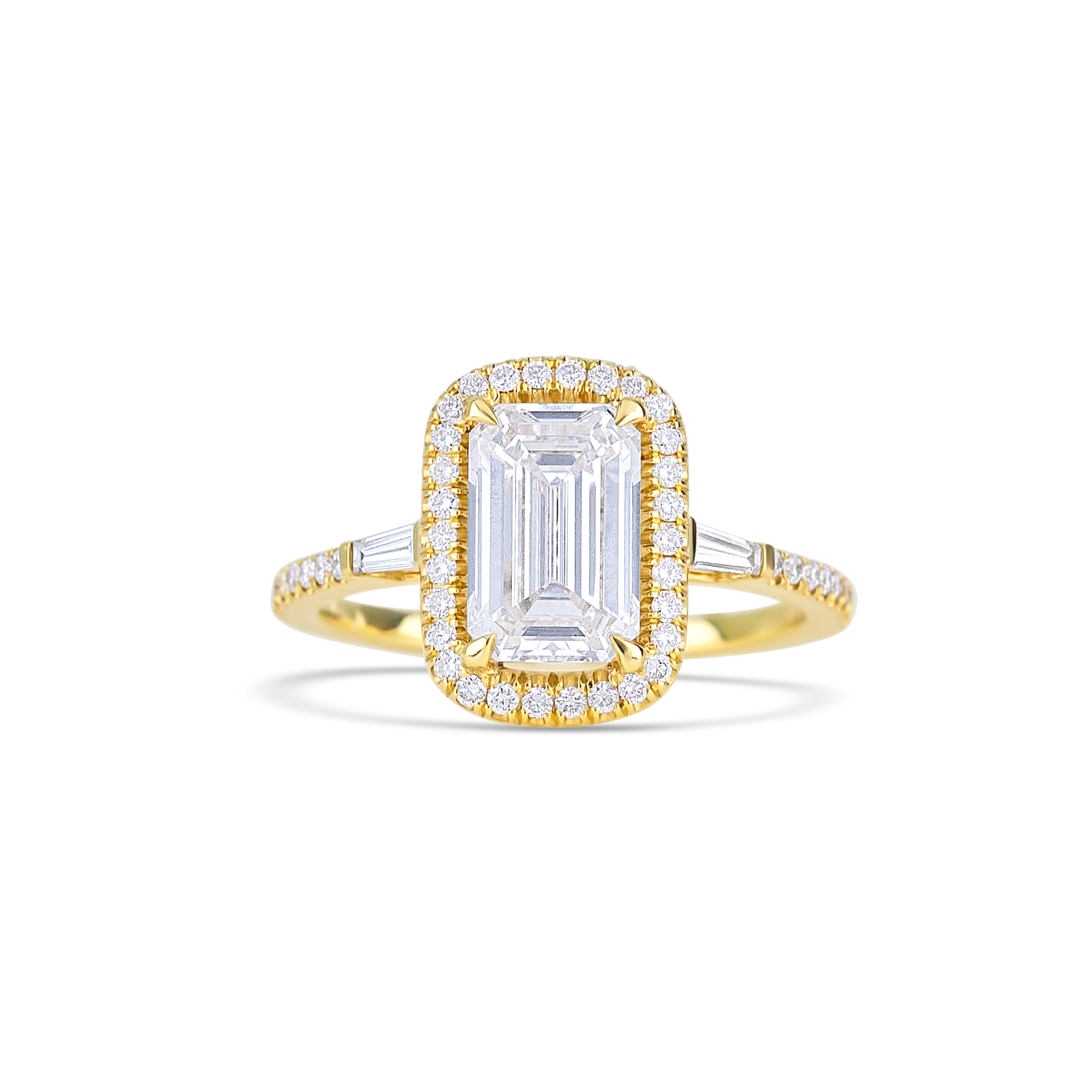 18K Yellow Gold Lab-Grown Emerald and Side Stones Halo Engagement Ring