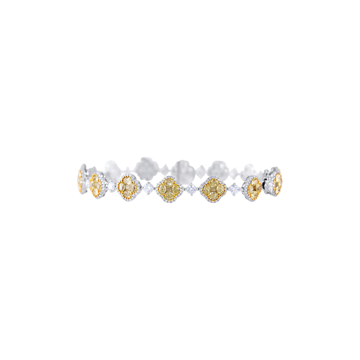 18k White Gold and 18k Yellow Gold Yellow and White Diamond Cluster Alternating Bracelet