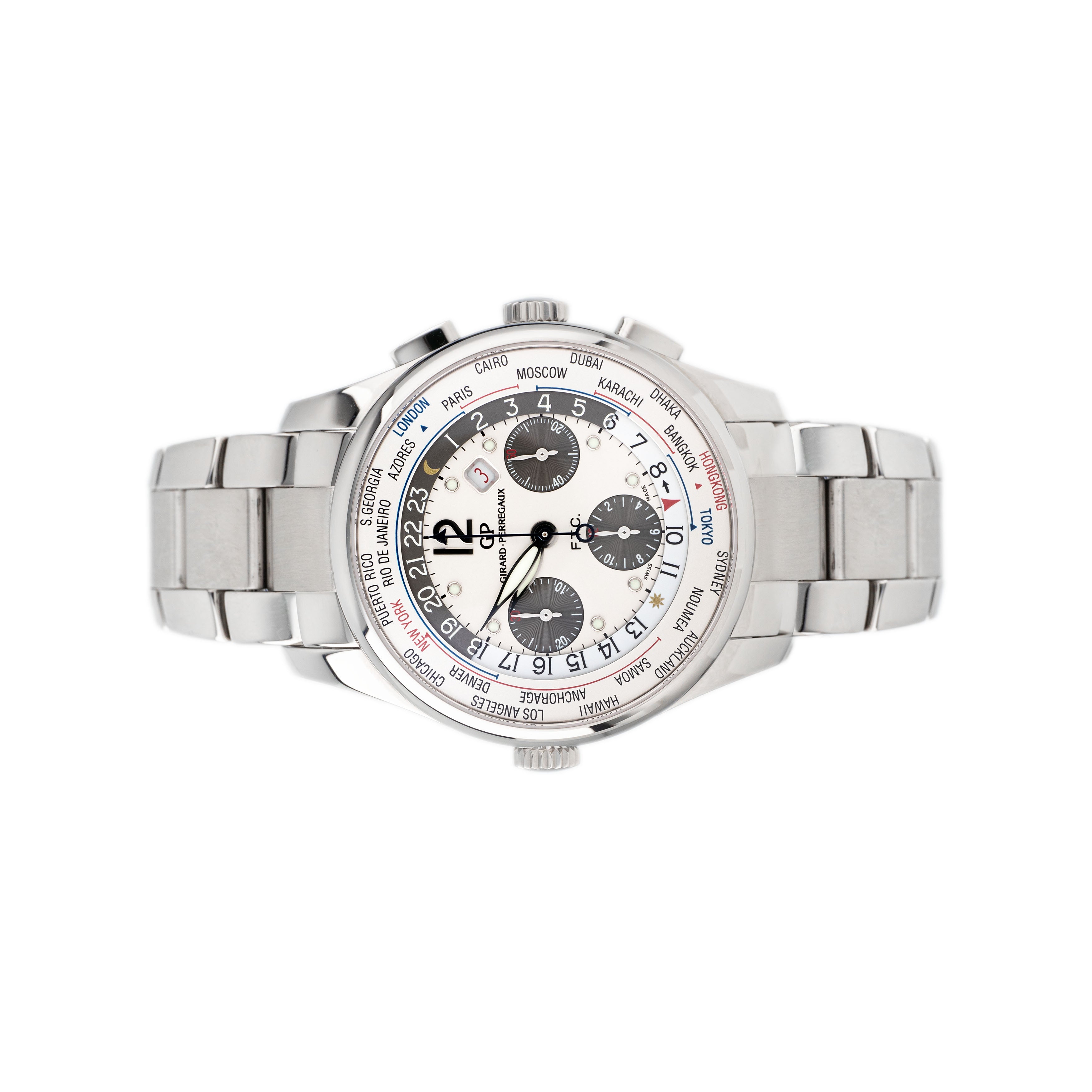 Girard Perregaux WW.TC World Time Chronograph Stainless Steel Silver Dial 43mm 49805-11-152-11A Full Set