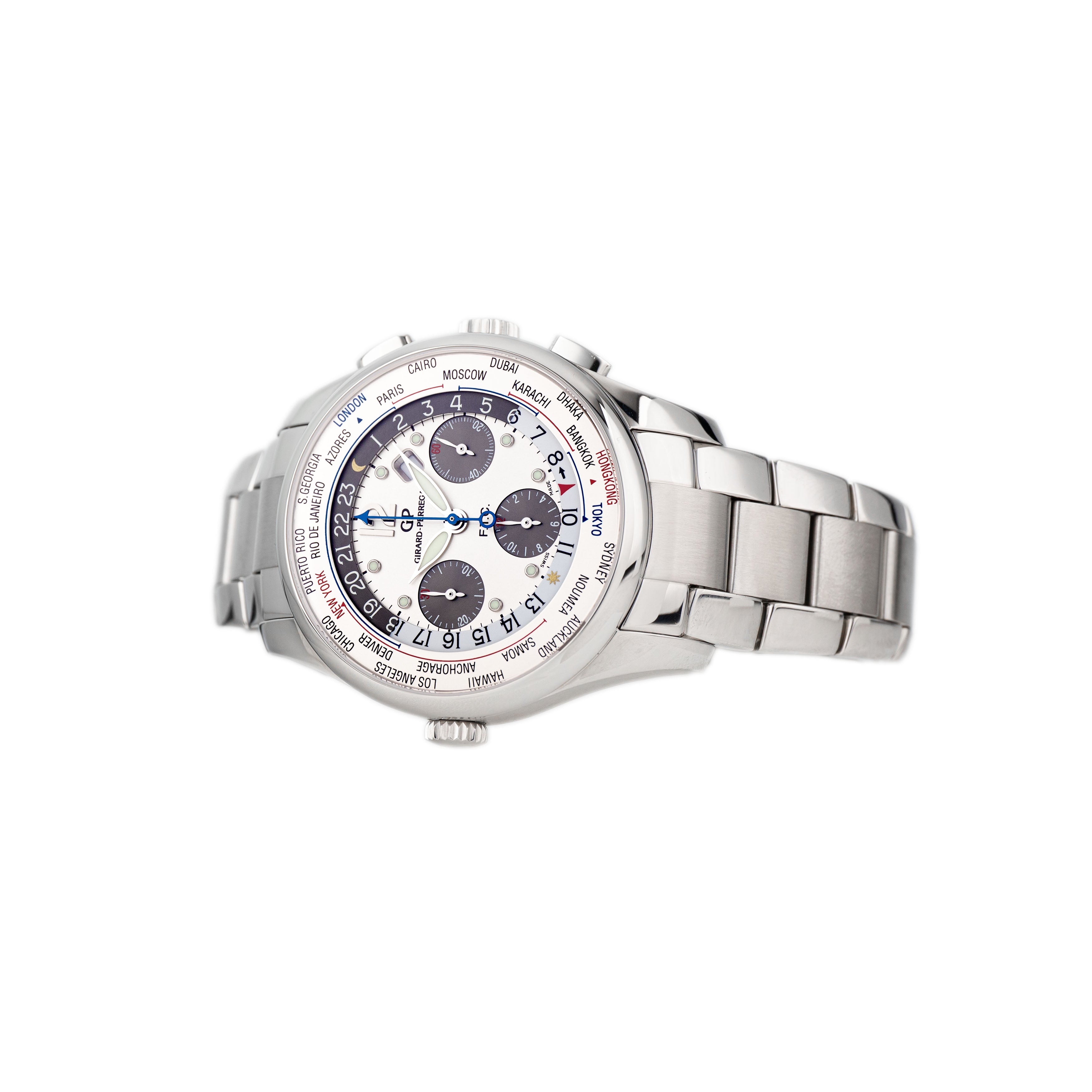 Girard Perregaux WW.TC World Time Chronograph Stainless Steel Silver Dial 43mm 49805-11-152-11A Full Set