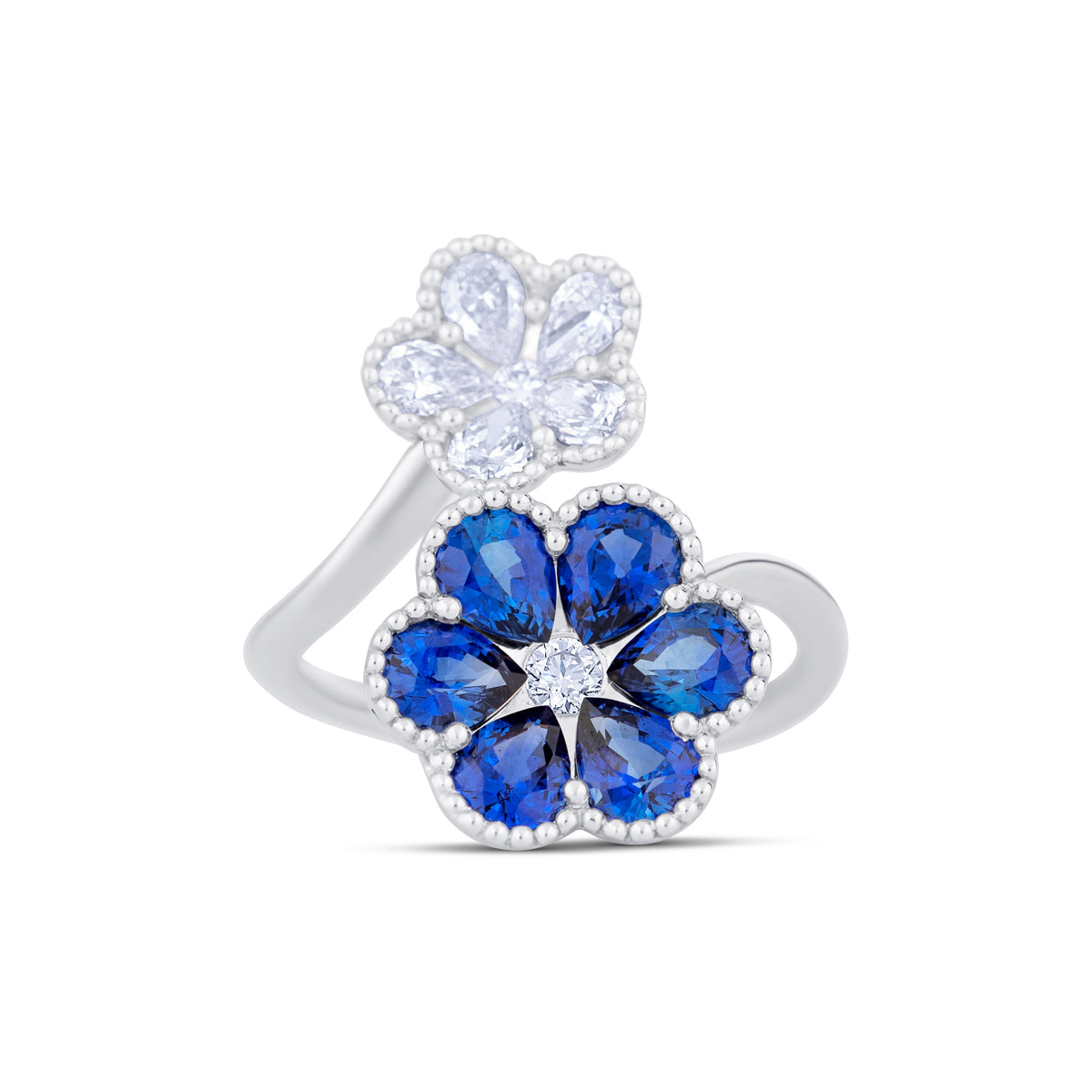 18k White Gold Sapphire and Pear Diamond Flower Bypass Ring