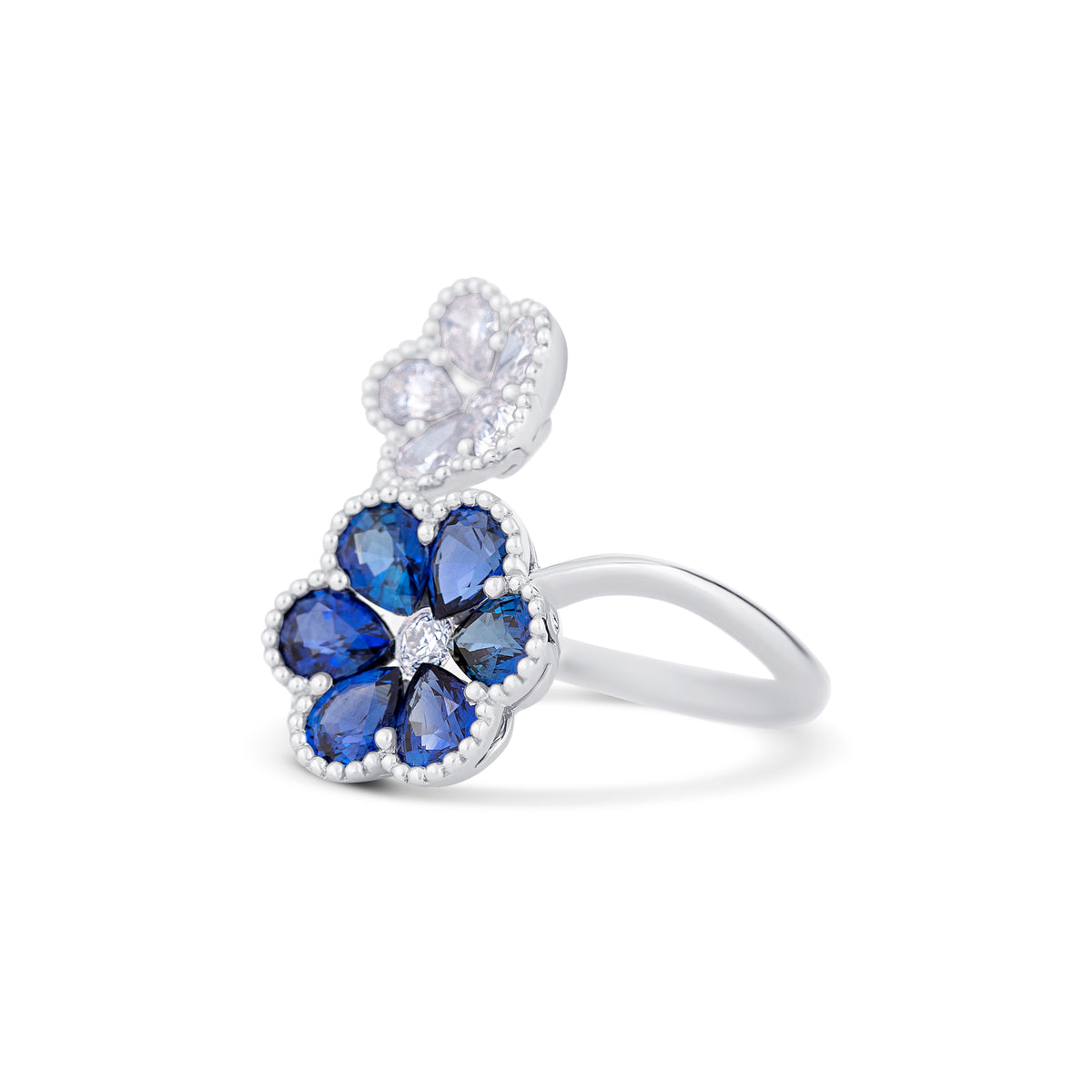 18k White Gold Sapphire and Pear Diamond Flower Bypass Ring