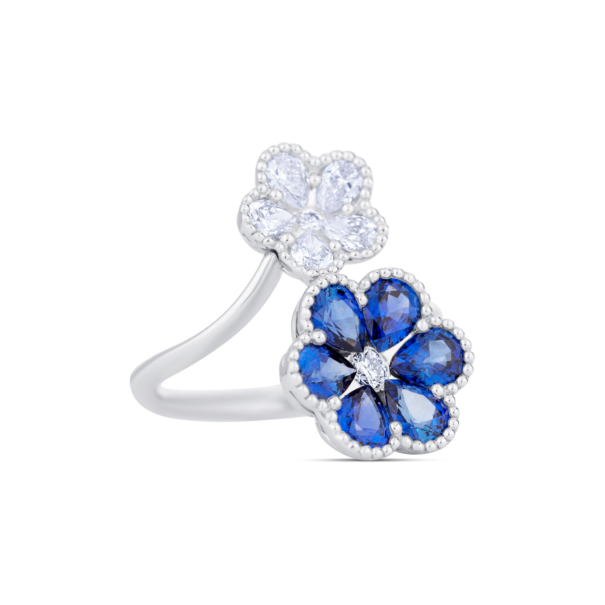 18k White Gold Sapphire and Pear Diamond Flower Bypass Ring