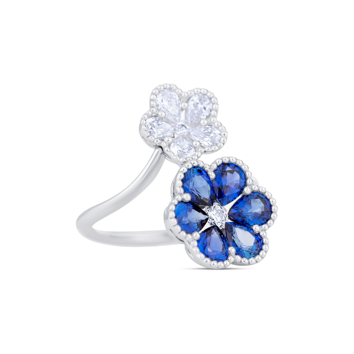 18k White Gold Sapphire and Pear Diamond Flower Bypass Ring