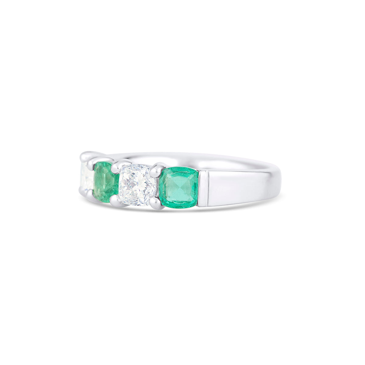 18k White Gold Cushion Emerald and Diamond Alternating Band