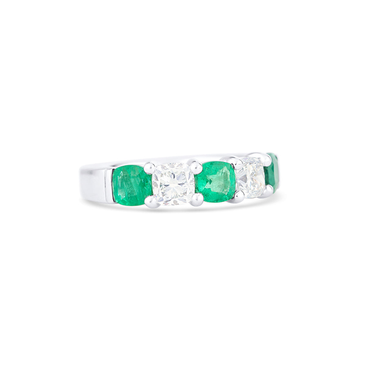 18k White Gold Cushion Emerald and Diamond Alternating Band