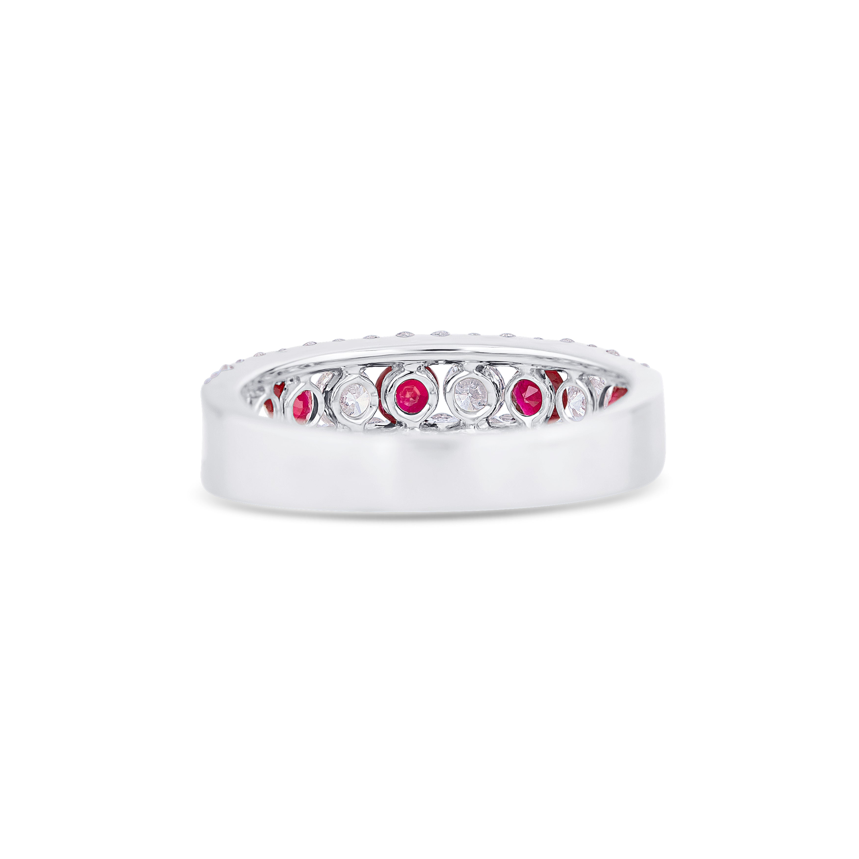 18K White Gold Round Ruby and Round Diamond Wedding Band