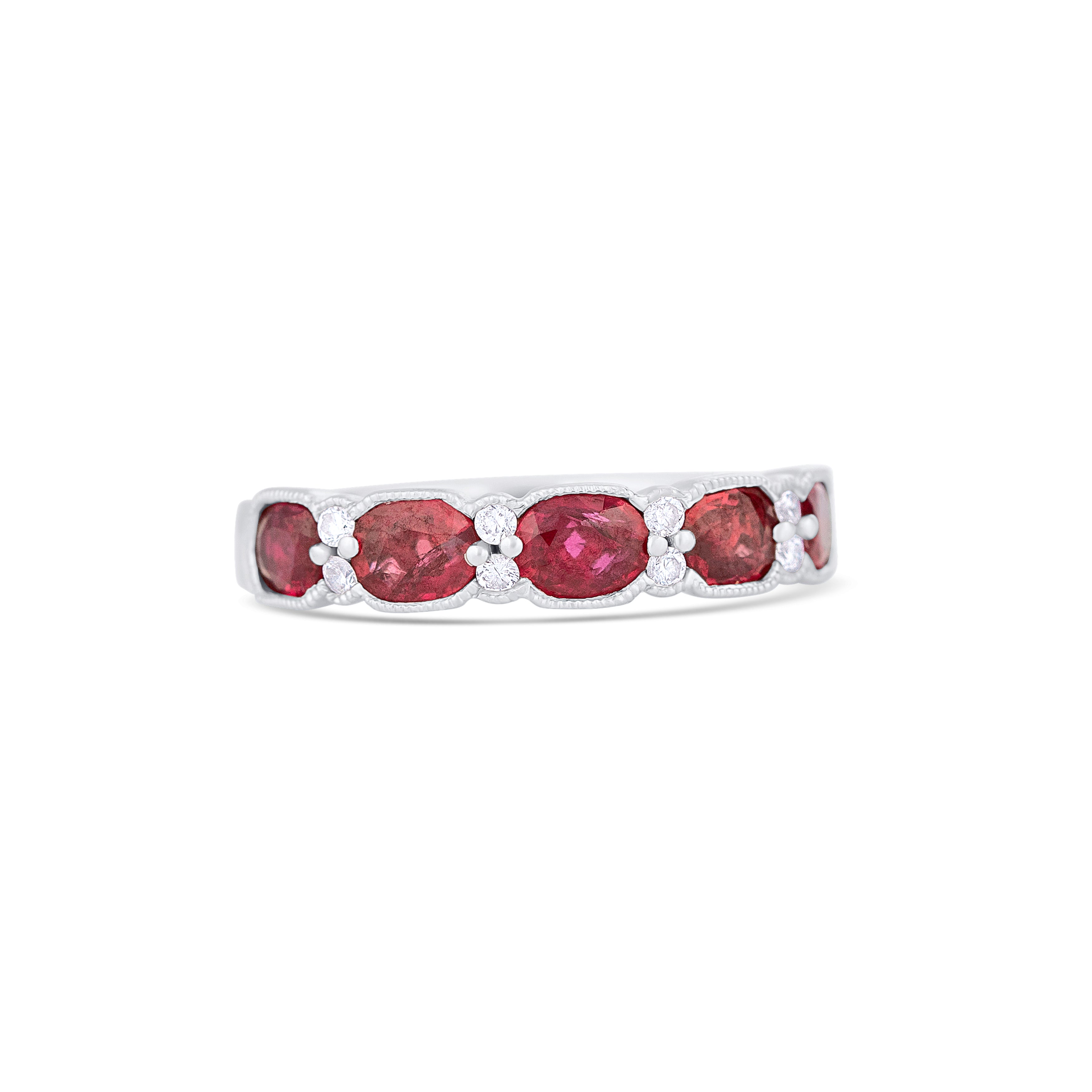 18K White Gold Oval Ruby and Multi Shape Diamond Wedding Band