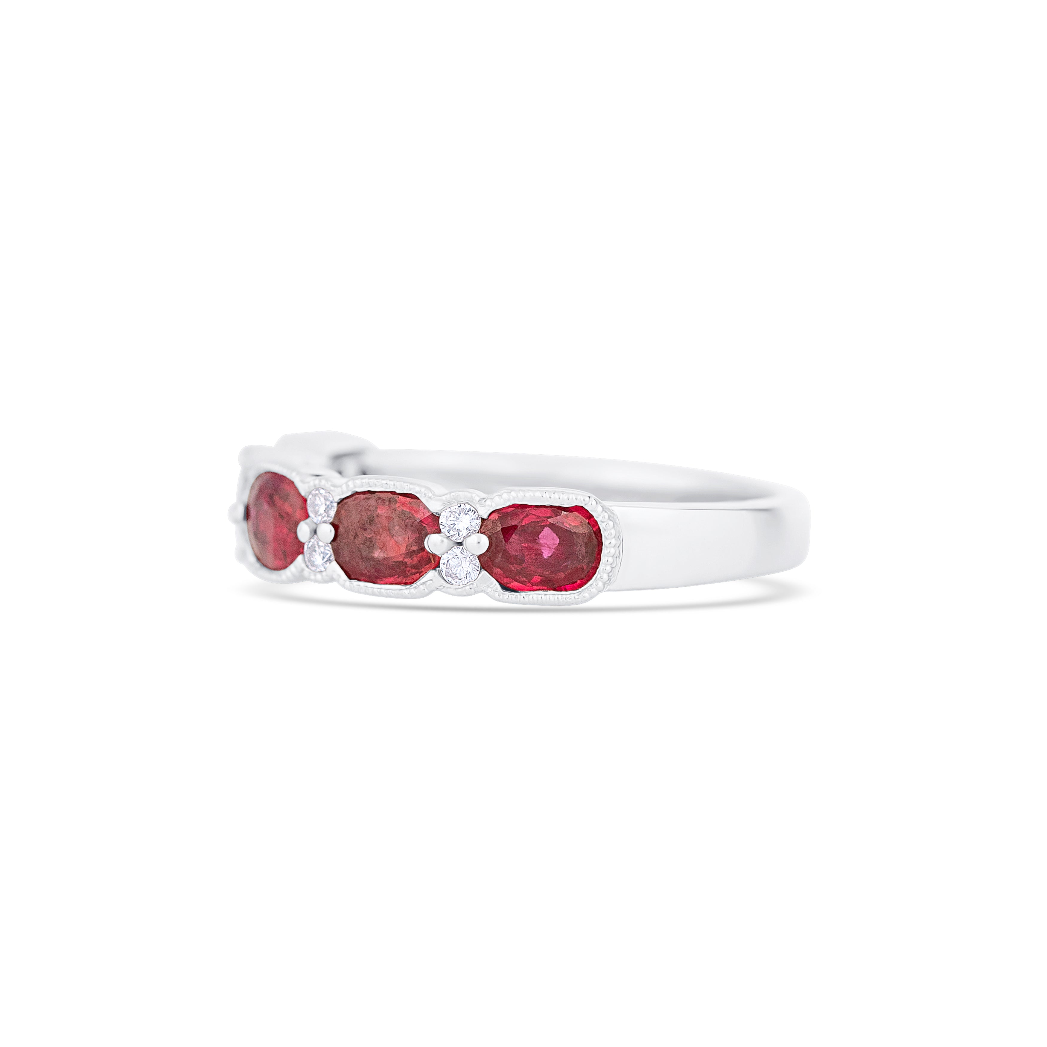 18K White Gold Oval Ruby and Multi Shape Diamond Wedding Band
