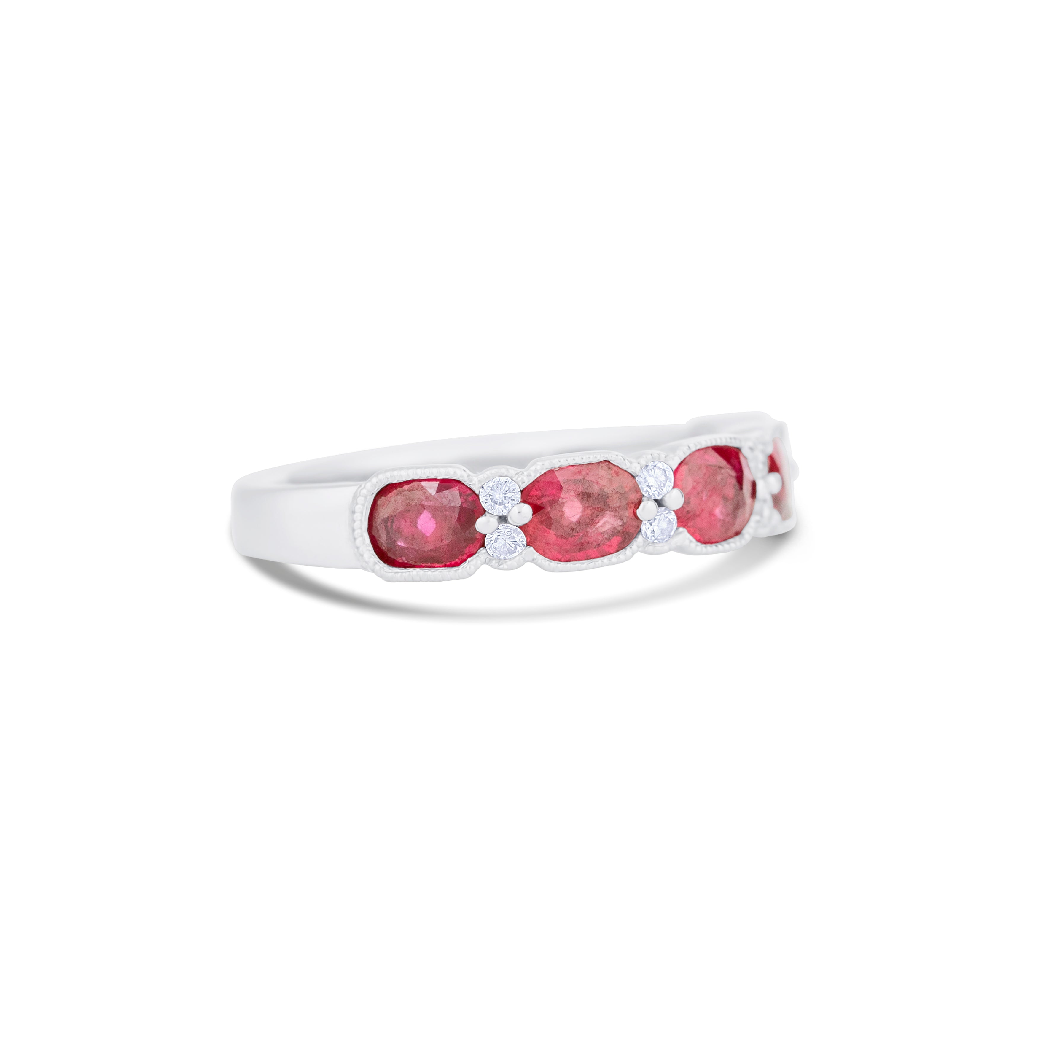 18K White Gold Oval Ruby and Multi Shape Diamond Wedding Band