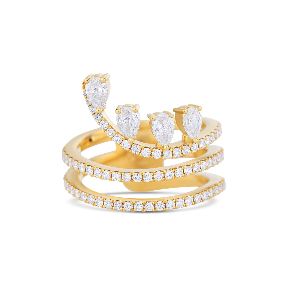 18k Yellow Gold Pear and Round Diamond Pave Three-Row Ring