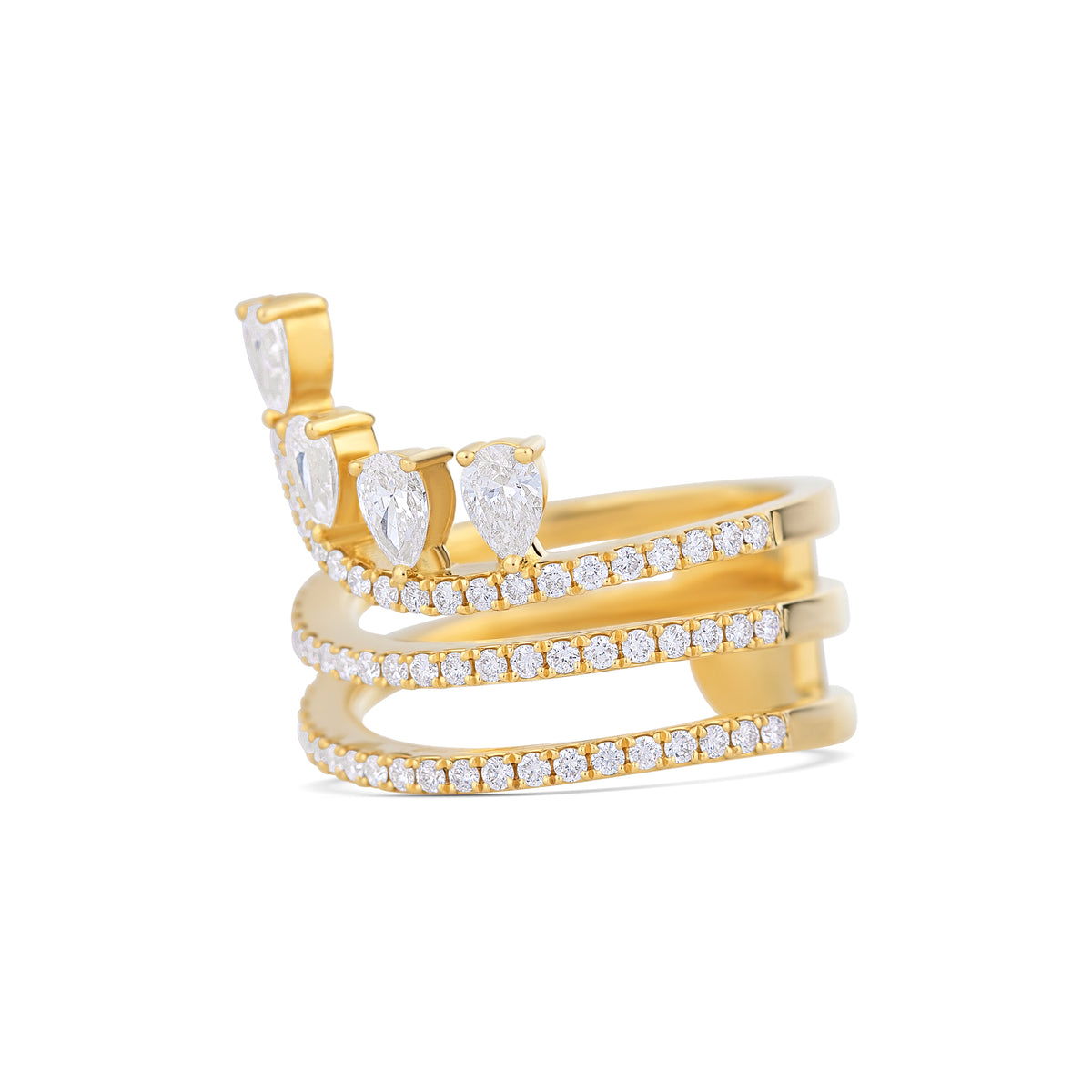 18k Yellow Gold Pear and Round Diamond Pave Three-Row Ring