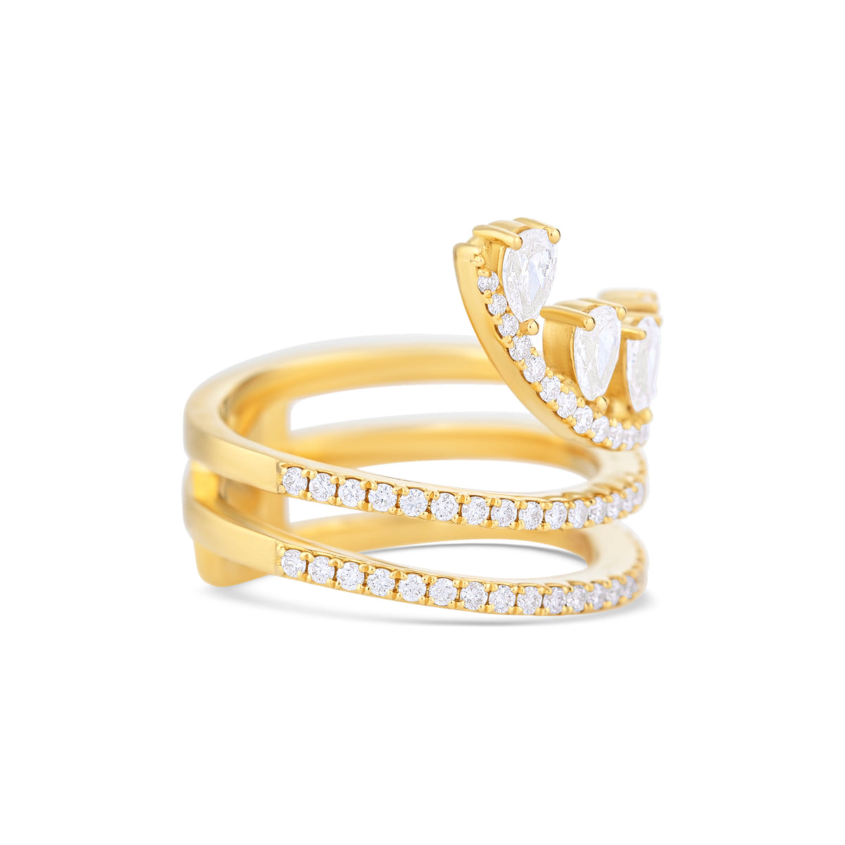 18k Yellow Gold Pear and Round Diamond Pave Three-Row Ring