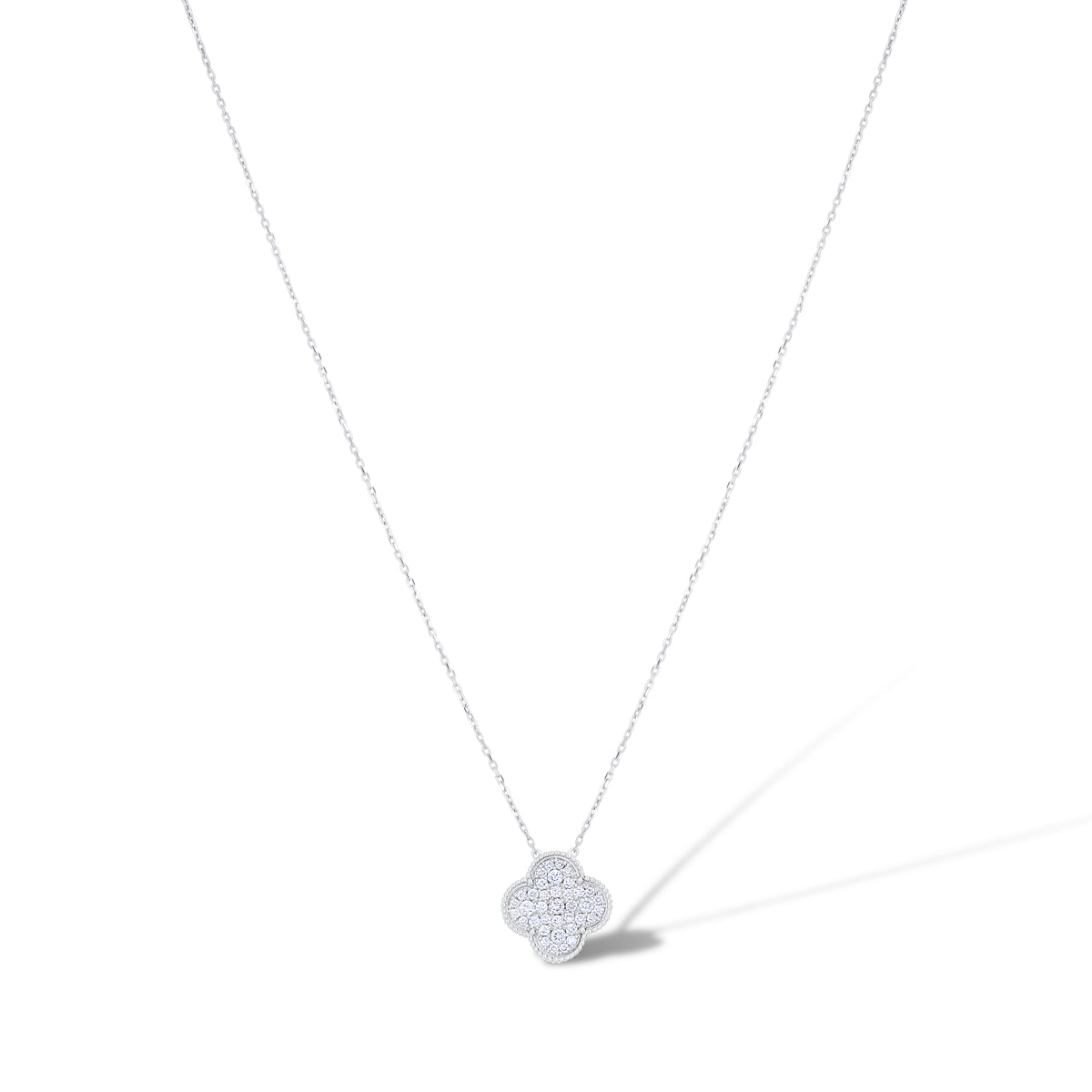 18k White Gold Diamond Cluster Clover Pendant with Chain