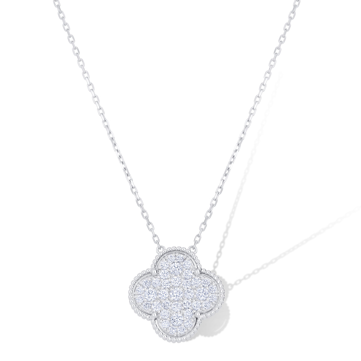 18k White Gold Diamond Cluster Clover Pendant with Chain