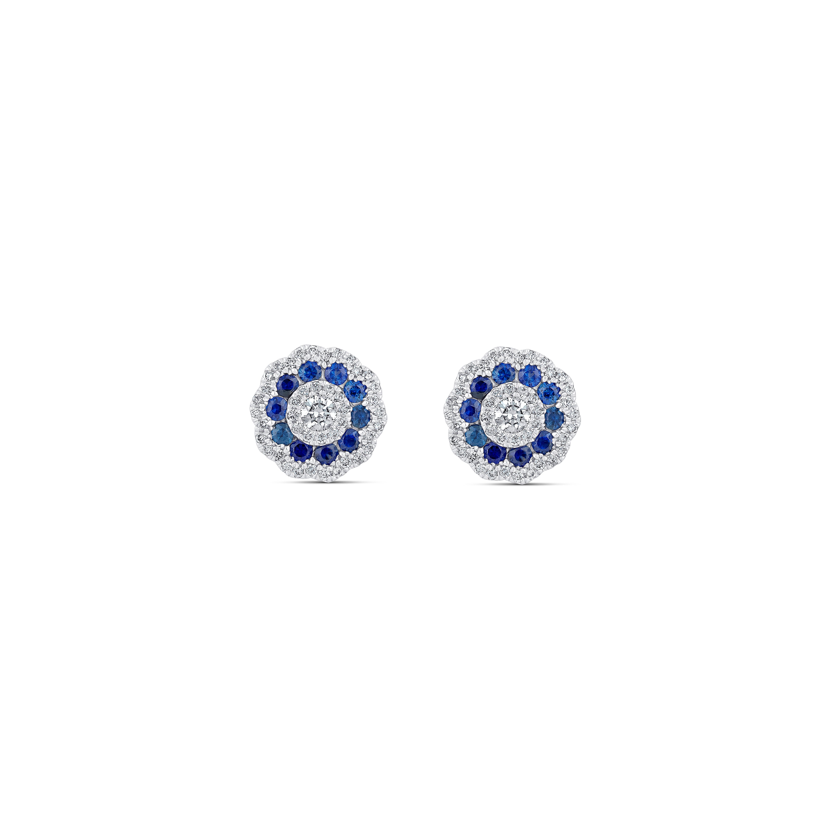 18K White Gold Sapphire & Diamond Flower Stud Earrings