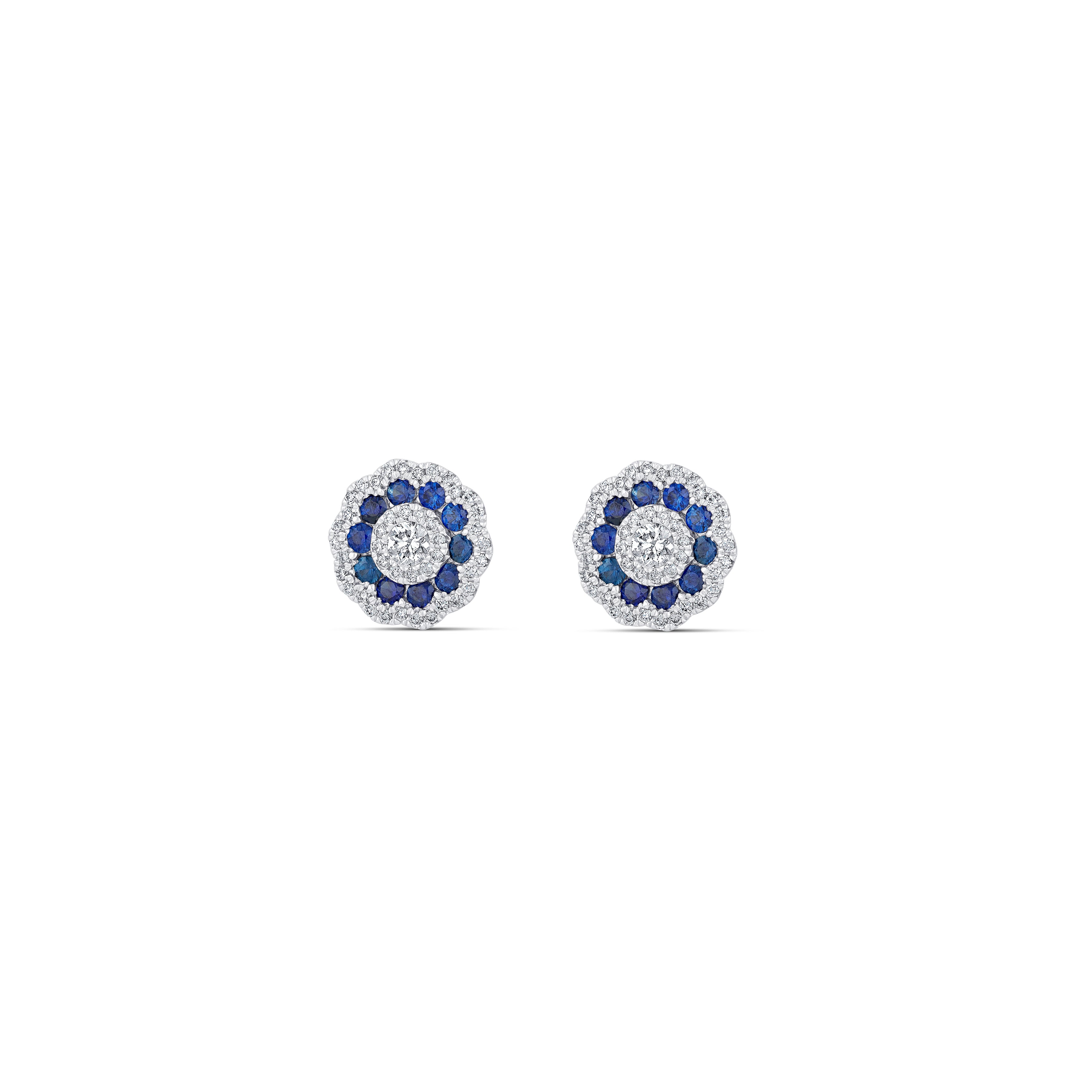 18K White Gold Sapphire & Diamond Flower Stud Earrings