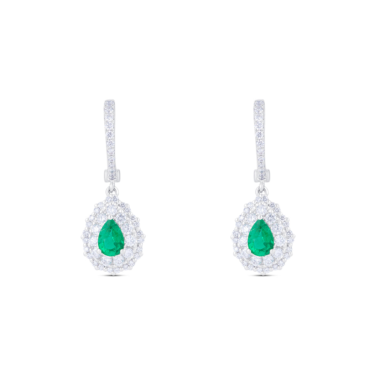 18k White Gold Pear Emerald and Diamond Halo Drop Earrings
