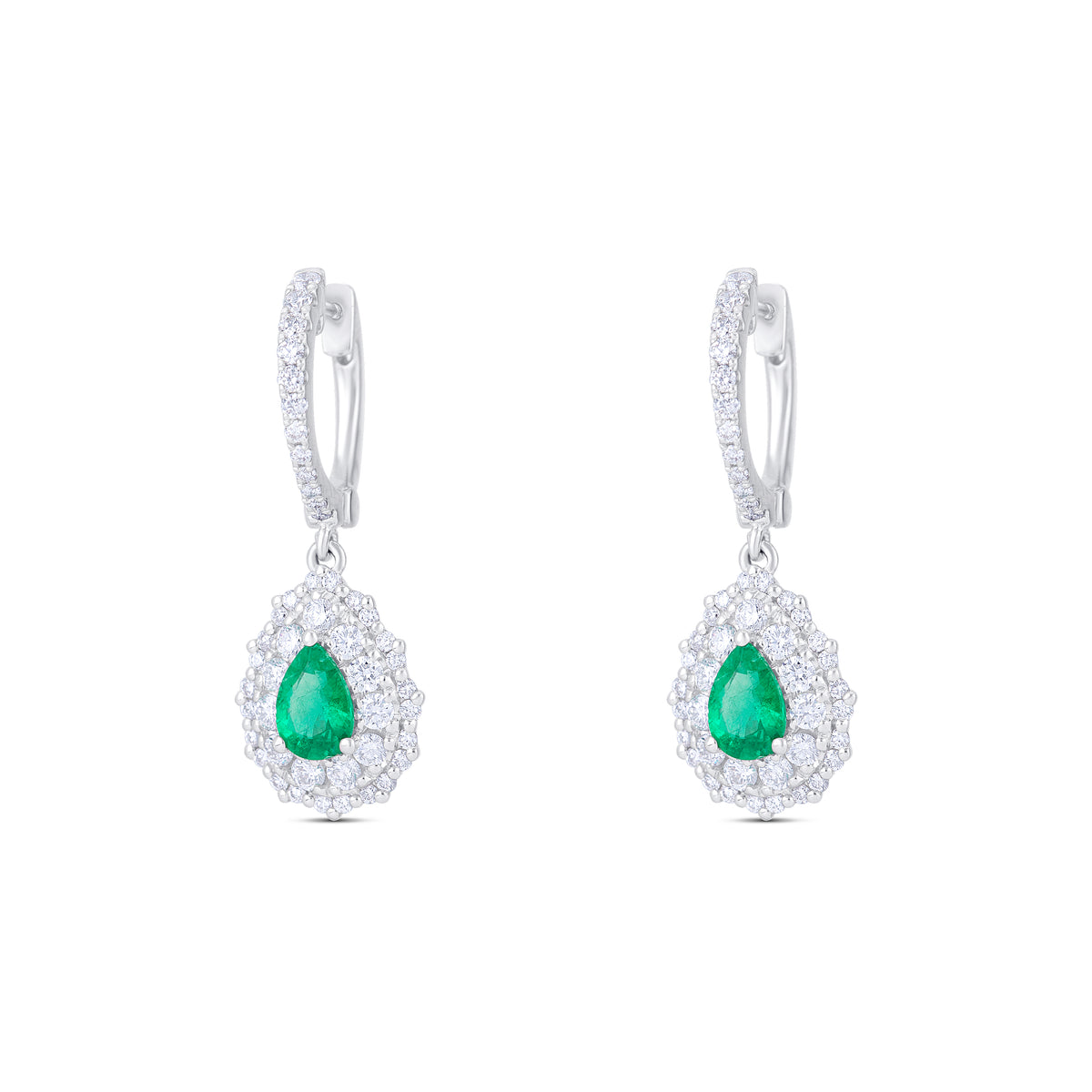 18k White Gold Pear Emerald and Diamond Halo Drop Earrings