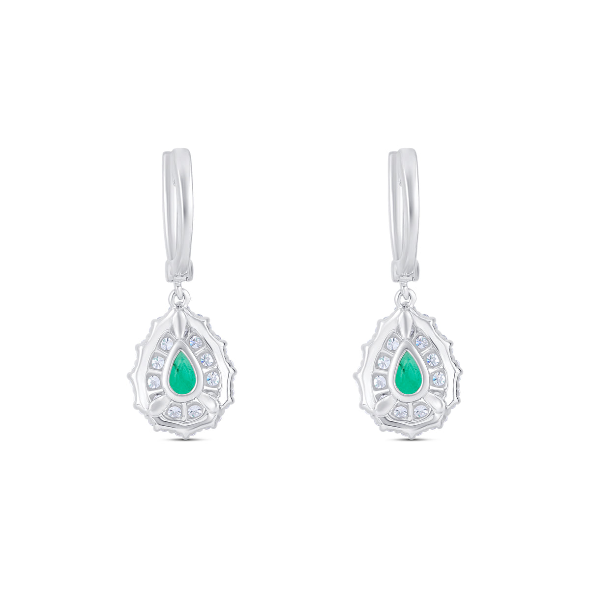 18k White Gold Pear Emerald and Diamond Halo Drop Earrings