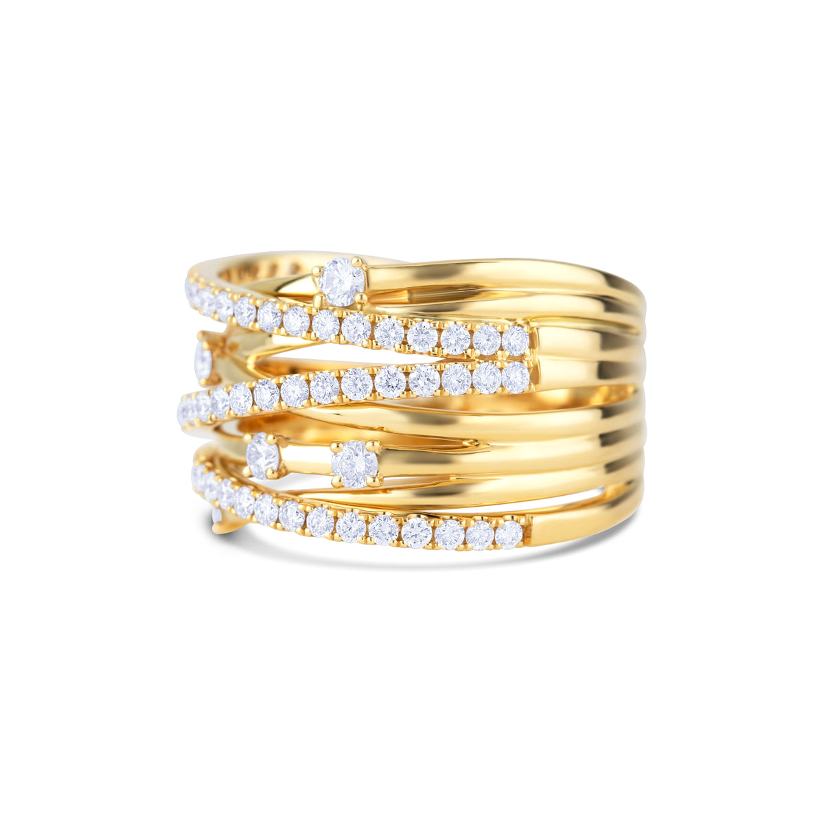 18k Yellow Gold Round Diamond Pavé Multi-Row Crossover Ring