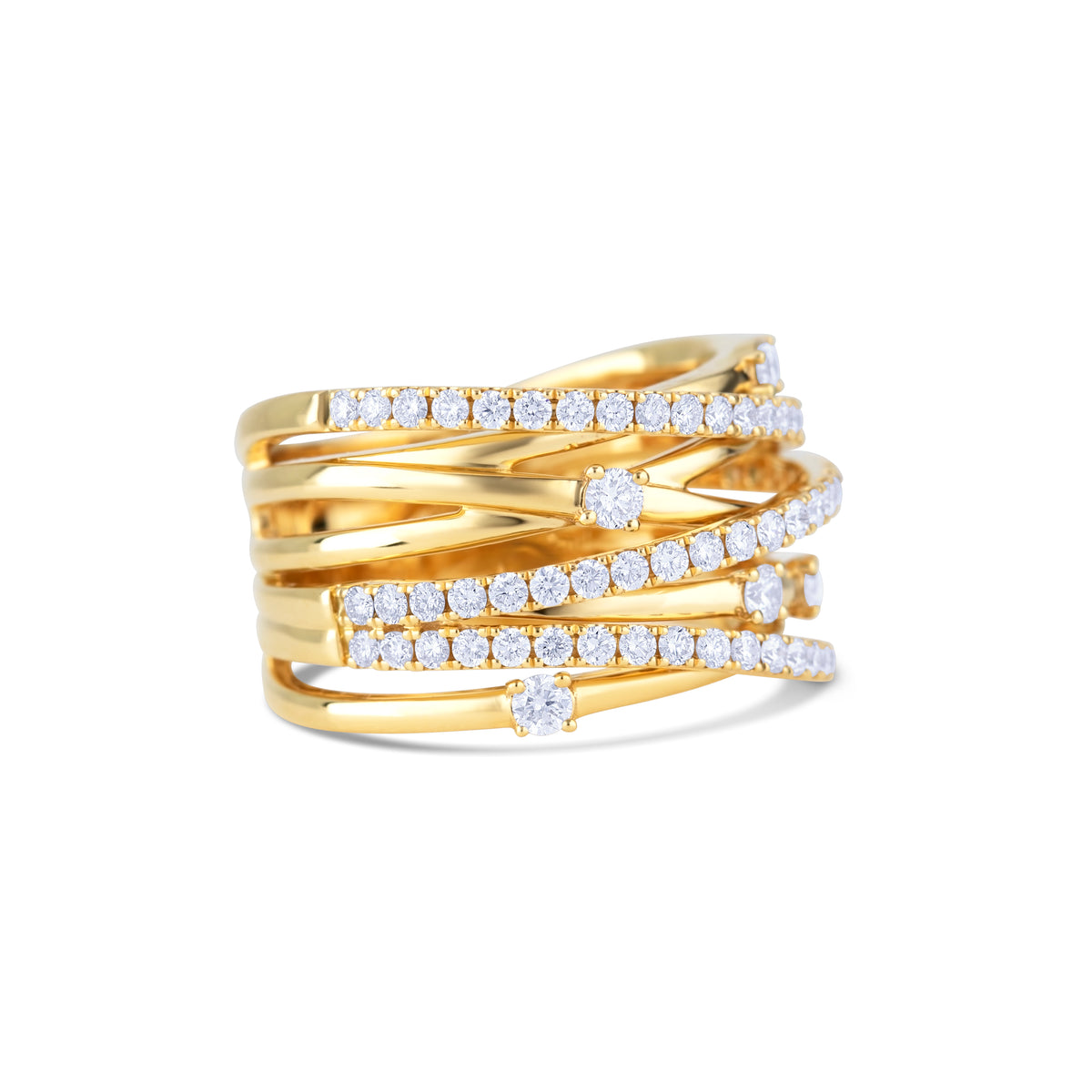 18k Yellow Gold Round Diamond Pavé Multi-Row Crossover Ring