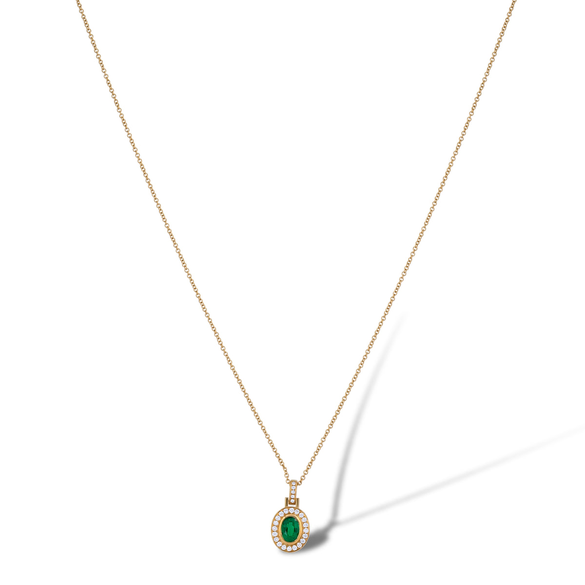 18k Yellow Gold Oval Emerald and Diamond Bezel Set Halo Pendant with Chain