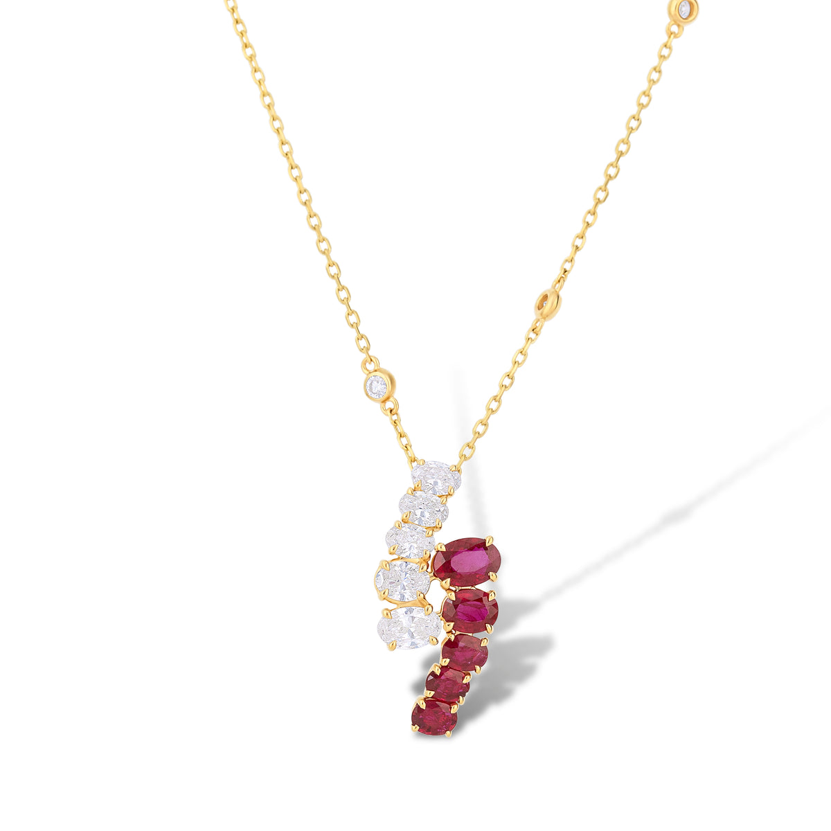 18k Yellow Gold Oval Ruby and Diamond with Diamond by the Yard Necklace