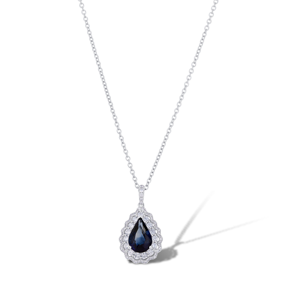 18k White Gold Pear Sapphire and Diamond Double Halo Pendant with Chain