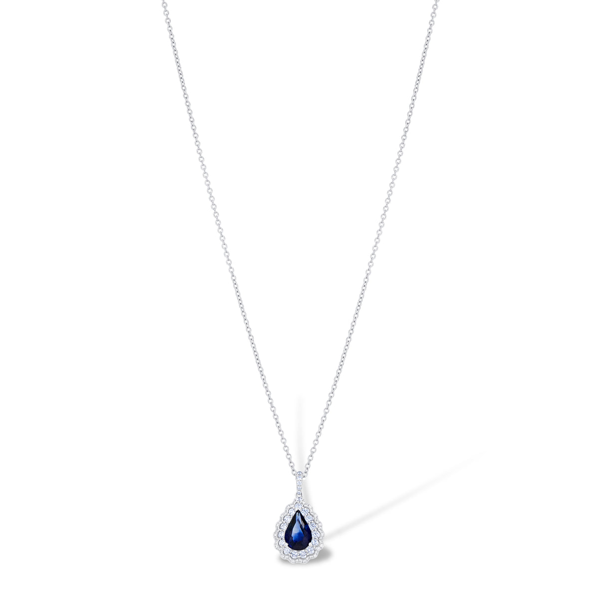 18k White Gold Pear Sapphire and Diamond Double Halo Pendant with Chain