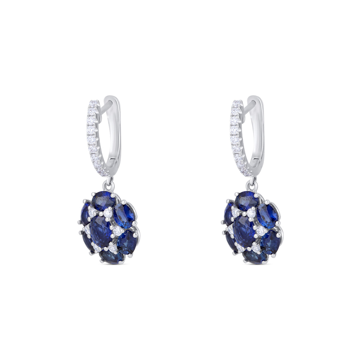 18k White Gold Oval Sapphire and Diamond Cluster Drop Earrings