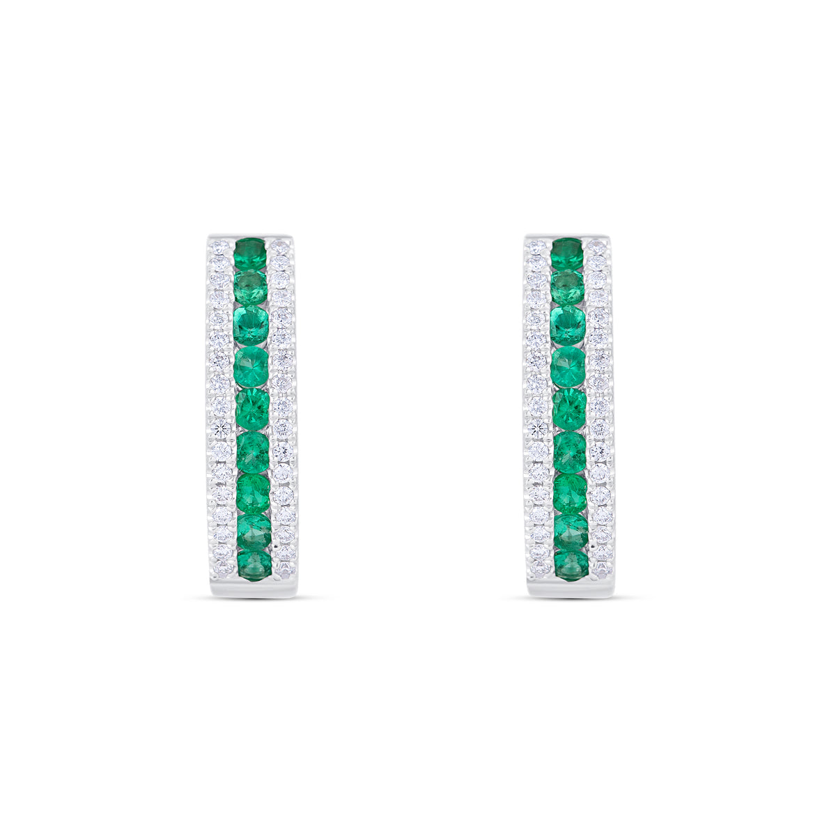 18k White Gold Emerald and Diamond Three Row Hoop Earrings
