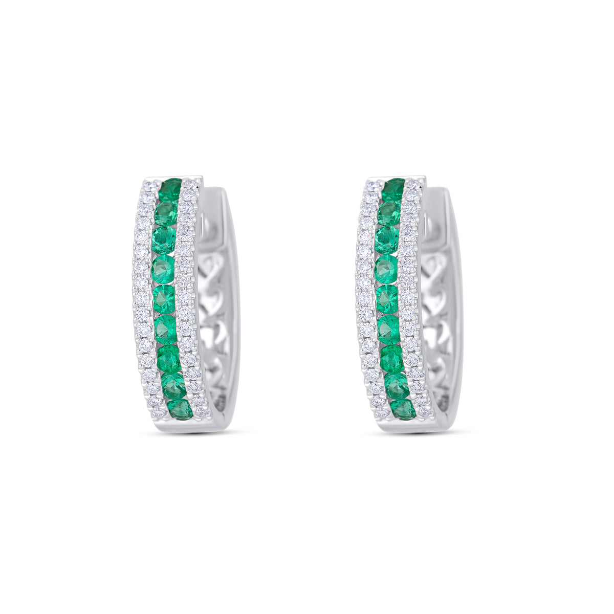 18k White Gold Emerald and Diamond Three Row Hoop Earrings